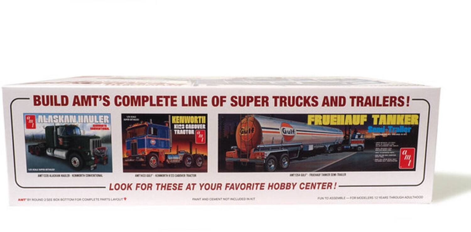 BUILD AMT'S COMPLETE LINE OF SUPER TRUCKS AND TRAILERS!  
- ALASKAN HAULER  
- KENWORTH TANKER  
- FRUEHAUF K123 CABOVER TRACTOR  
- GULF Semi-Trailer  

LOOK FOR THESE AT YOUR FAVORITE HOBBY CENTER!  

SEE BOTTOM FOR COMPLETE LISTING.  
PAINT AND CEMENT NOT INCLUDED.  

AMT IN ROUND 358K BOTTOM FOR COMPLETE PARTS LAYOUT.