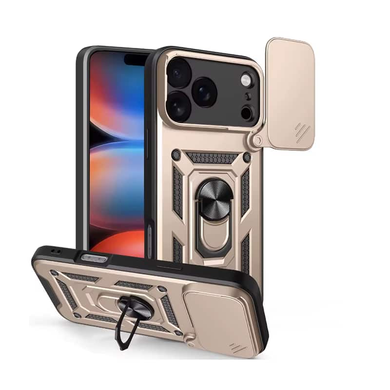 Gravity Ridge - for iPhone 15 Pro Phone Case Slide Camera Cover with Ring Stand, Heavy Duty Military Grade Shockproof Cover - Gold