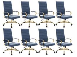 LeisureMod - Set of 8 Benmar Modern Contemporary High-Back Leather Executive Office Chair with Ribbed Design and Padded Armrests - Navy Blue