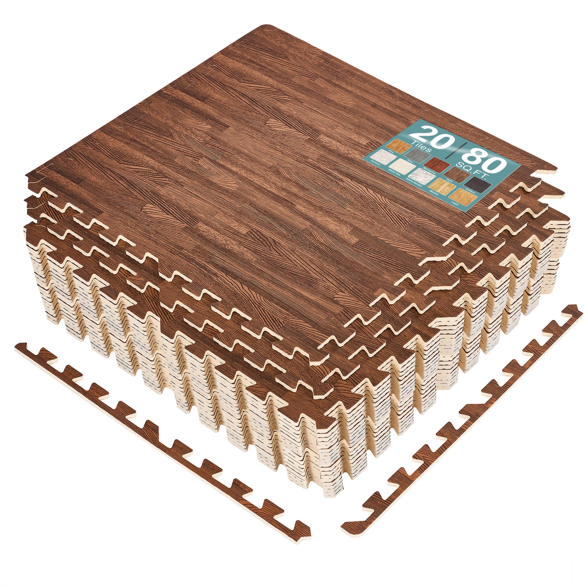 Sorbus - 3/8-Inch Thick 80 Sq. Ft. Wood Grain Floor Foam EVA Interlocking Mats Tiles w/ Borders - for Home, Trade Show - Dark Brown