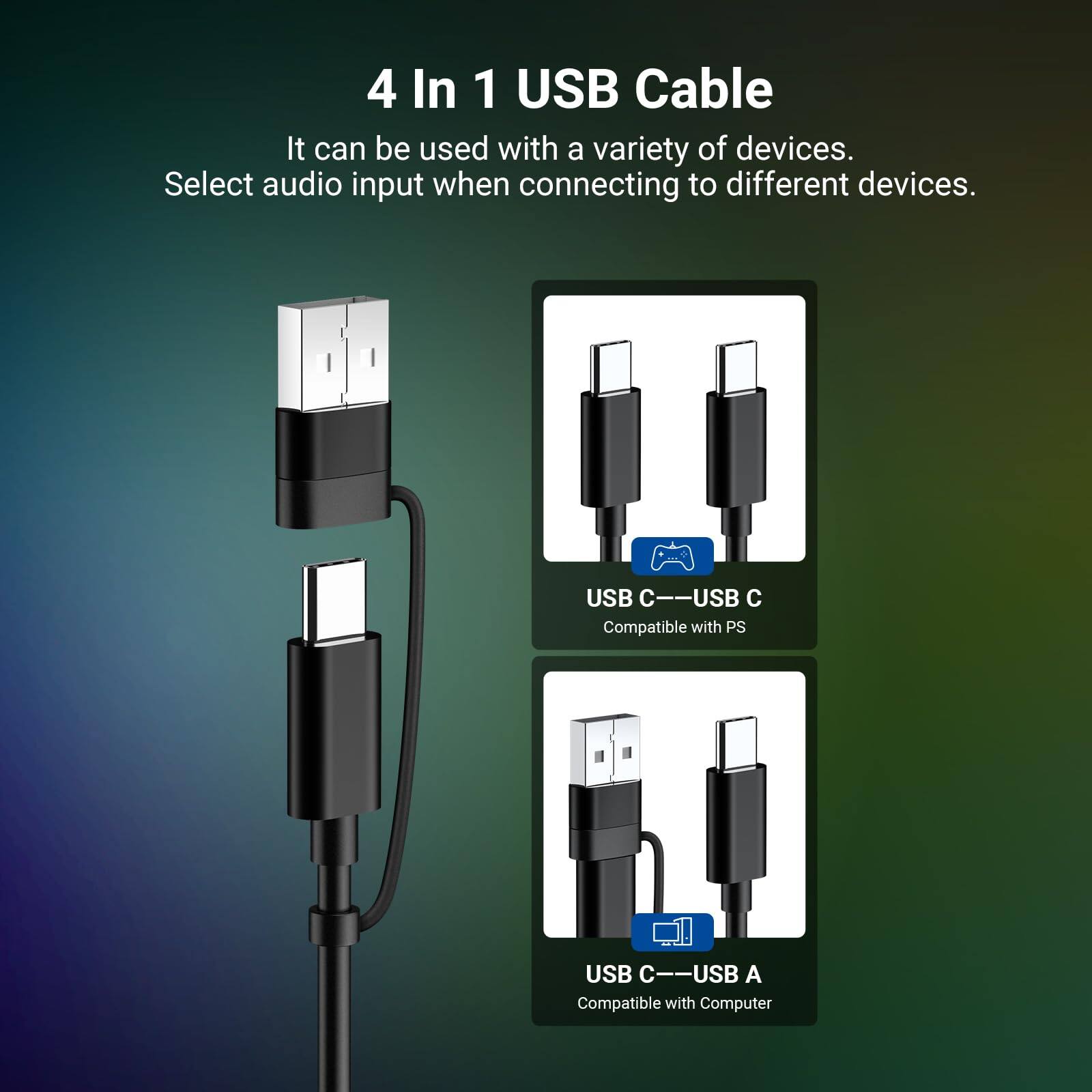 4 In 1 USB Cable

It can be used with a variety of devices. Select audio input when connecting to different devices.

USB C—USB C  
Compatible with PS

USB C—USB A  
Compatible with Computer