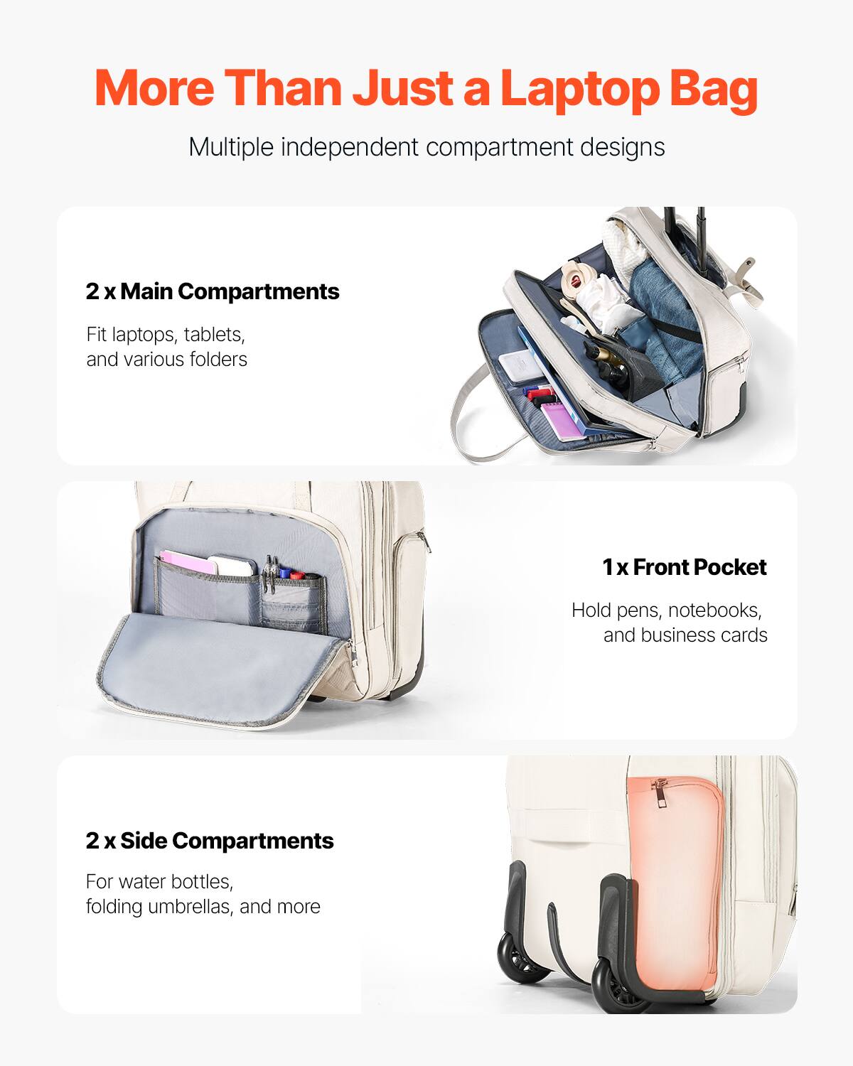 More Than Just a Laptop Bag

Multiple independent compartment designs

2 x Main Compartments  
Fit laptops, tablets, and various folders

1 x Front Pocket  
Hold pens, notebooks, and business cards

2 x Side Compartments  
For water bottles, folding umbrellas, and more
