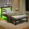 Front. GOODSILO - Heavy Duty Twin Size Platform Bed Frame with USB Charging, LED Lighting, and Under-Bed Storage - Beige+Brown.