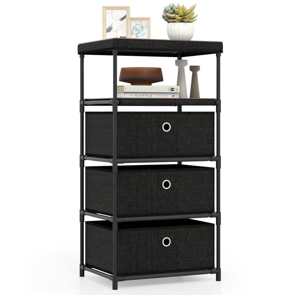 Back. Kadyn - 3-Drawer Fabric Storage Tower - Wood Top + Sturdy Metal Frame, Compact Dresser for Space-Saving Storage - Black.