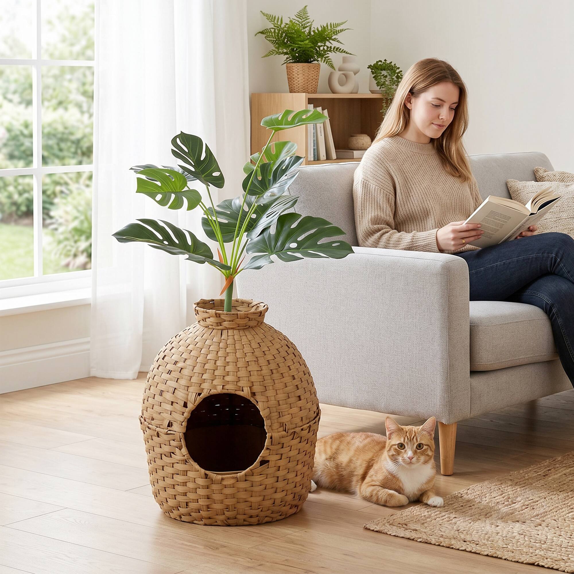 Alt View 8. Pawhut - Cat Litter Box Enclosure with Faux Plant & Stainless Steel Tray for Bedroom - Natural Wood.