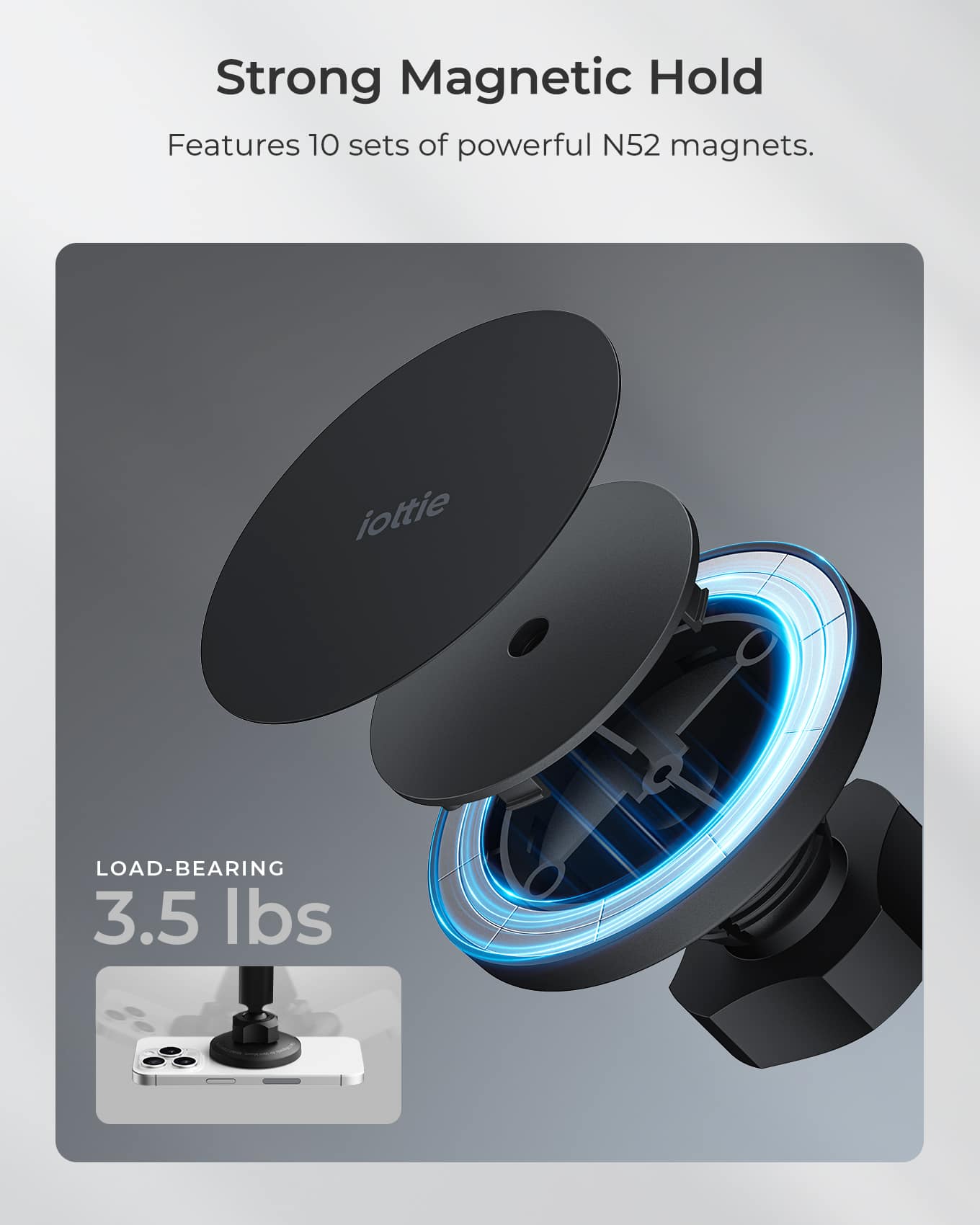 Strong Magnetic Hold features 10 sets of powerful N52 magnets. iOttie LOAD-BEARING 3.5 lbs.