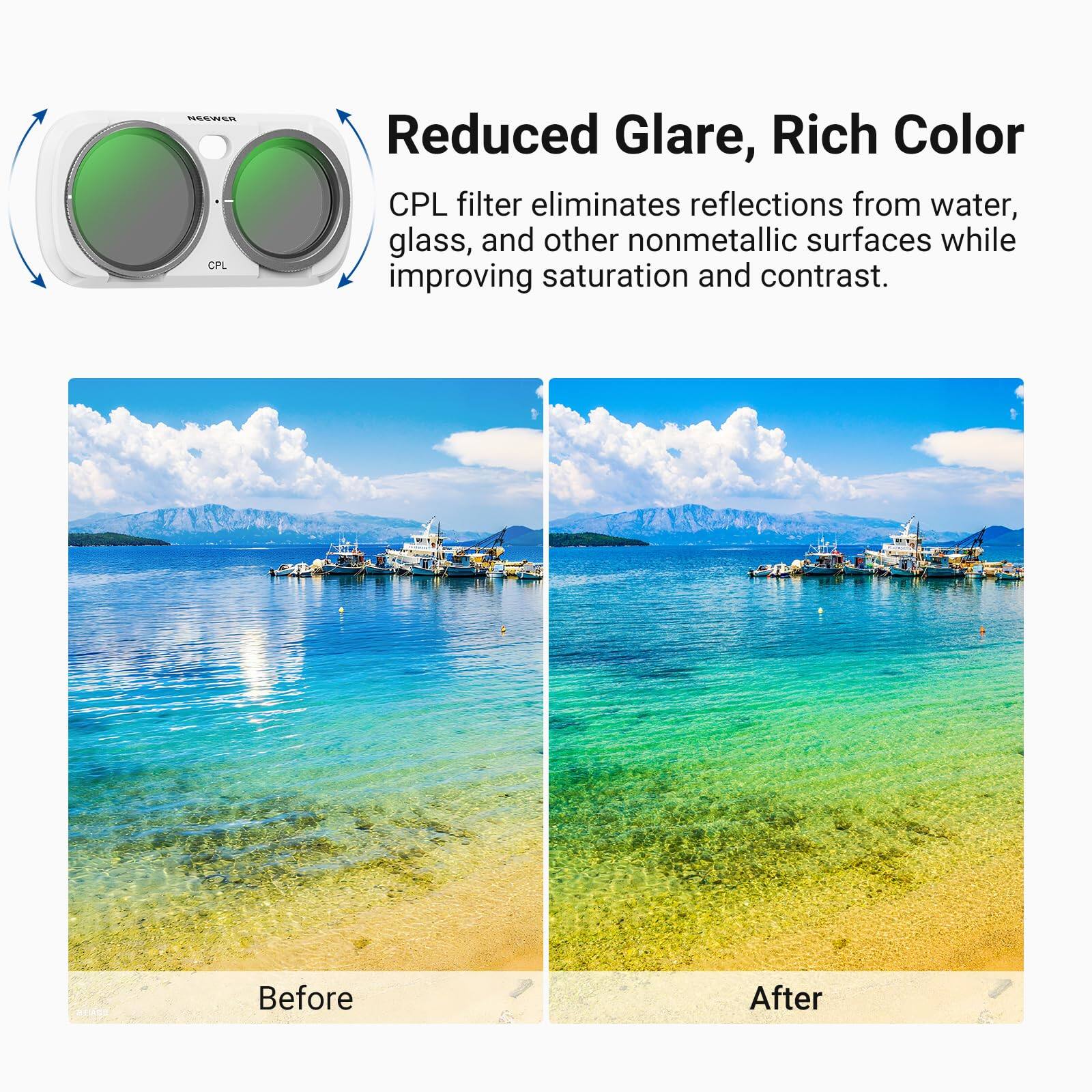 Reduced Glare, Rich Color

CPL filter eliminates reflections from water, glass, and other nonmetallic surfaces while improving saturation and contrast.

Before After