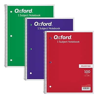 Oxford - 1-Subject Notebook, 8.5" x 11", College Ruled, 100 Sheets - Assorted