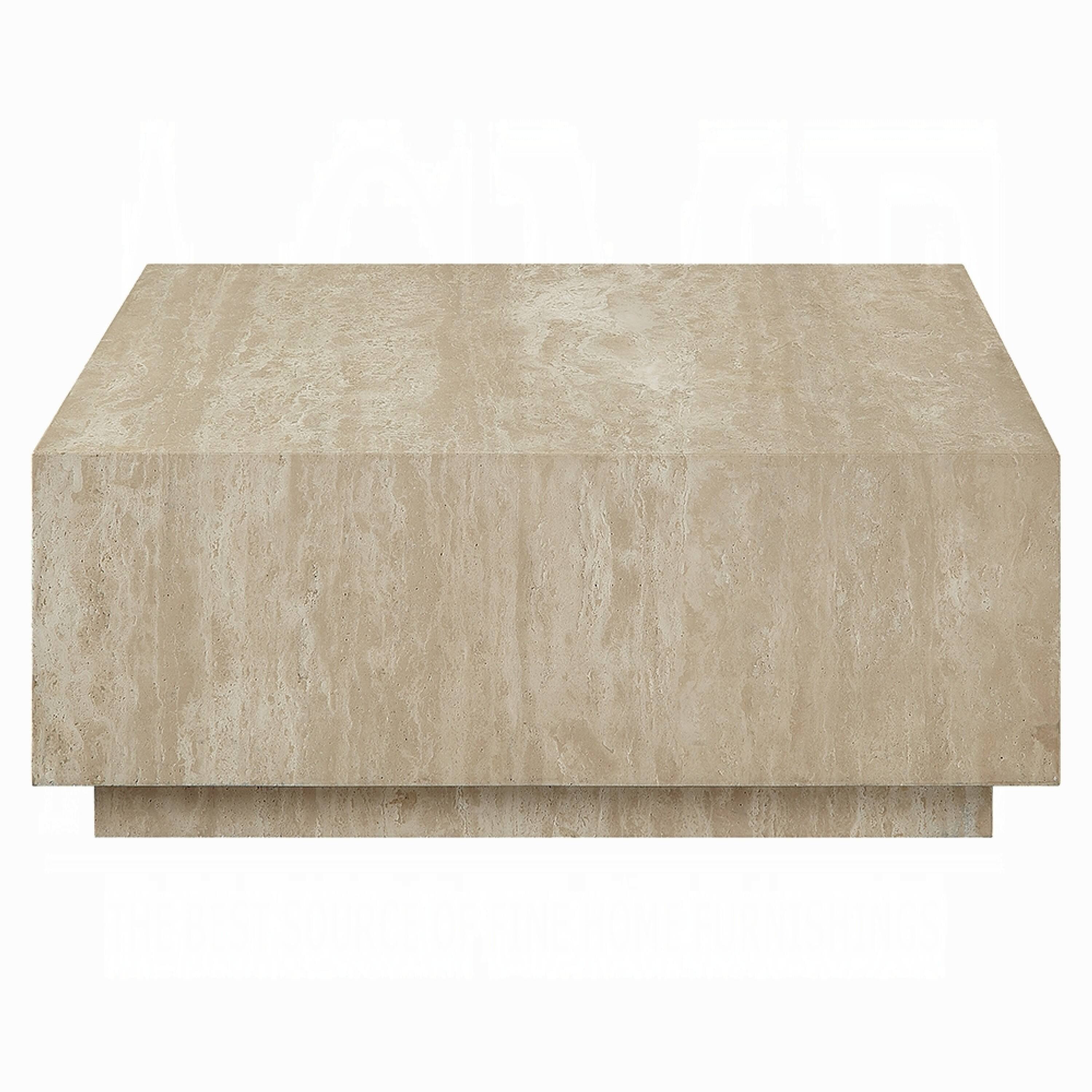 Alt View 1. Manhattan Lane - Lory Coffee Table, 35 Inch Square Travertine Top, Natural Wood Beige - Beige.