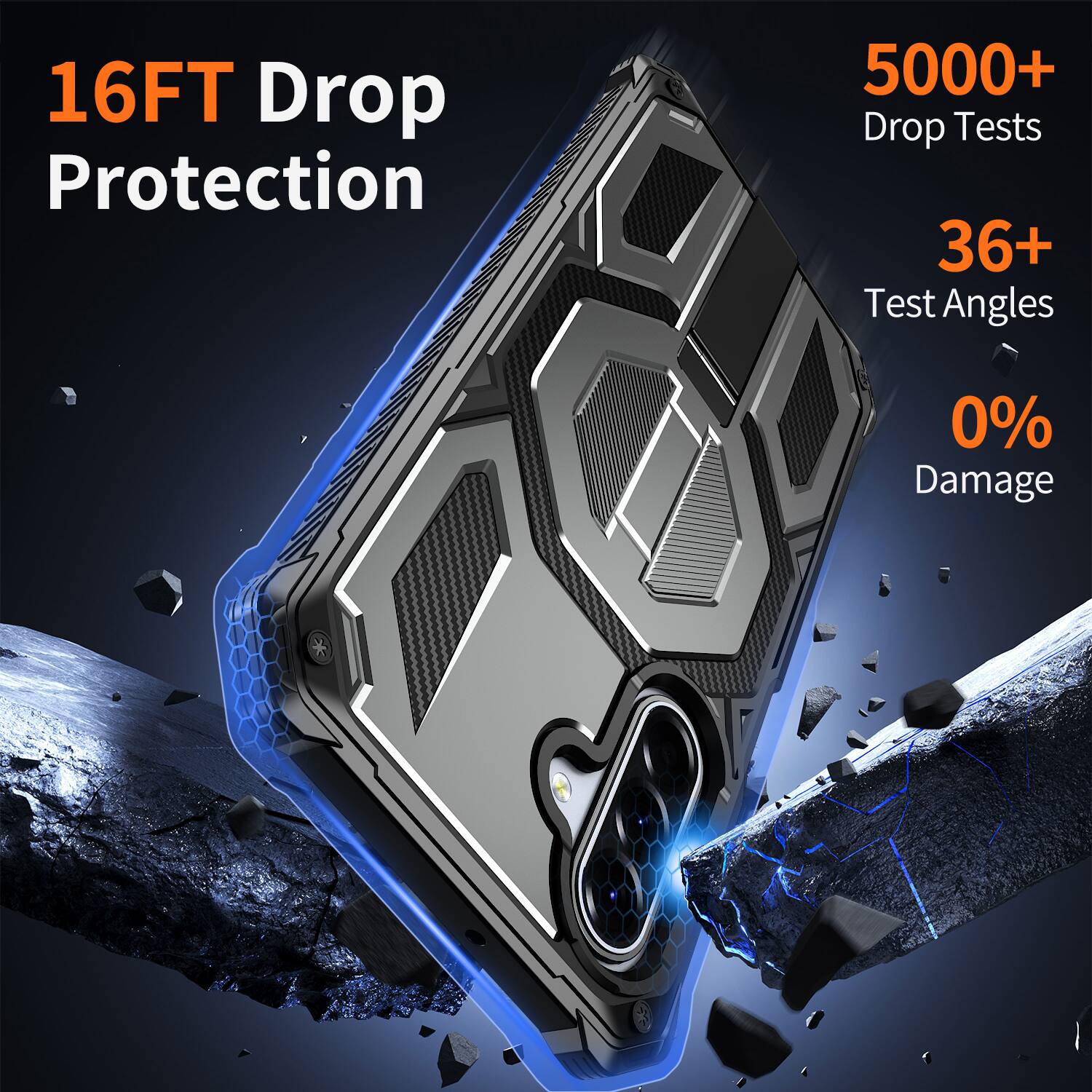 16FT Drop Protection  
5000+ Drop Tests  
36+ Test Angles  
0% Damage