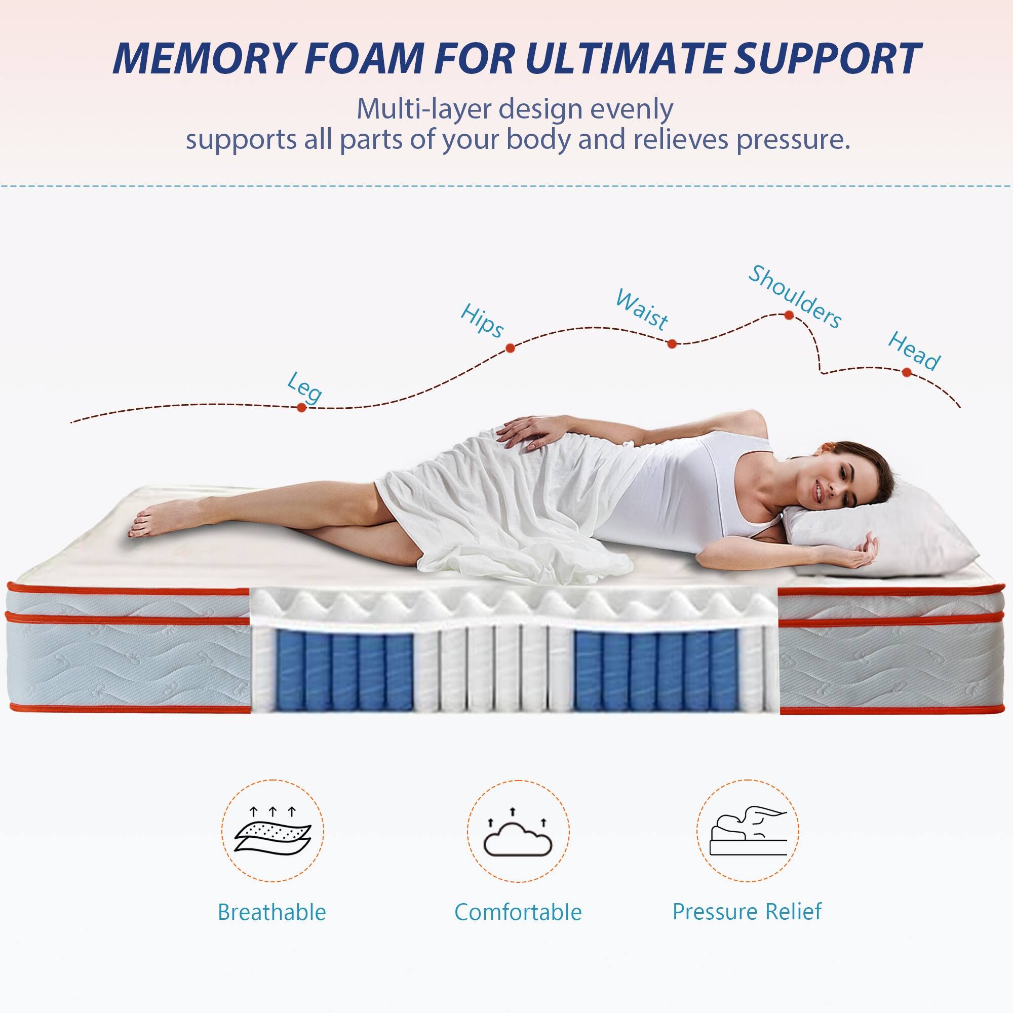 MEMORY FOAM FOR ULTIMATE SUPPORT

Multi-layer design evenly supports all parts of your body and relieves pressure.

Leg
Hips
Waist
Shoulders
Head

Breathable
Comfortable
Pressure Relief