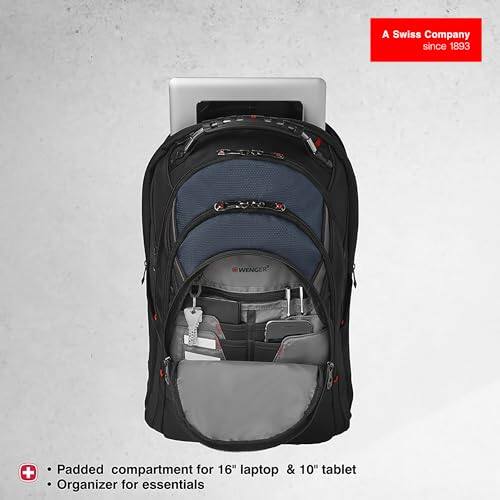 A Swiss Company since 1893

- Padded compartment for 16" laptop & 10" tablet
- Organizer for essentials