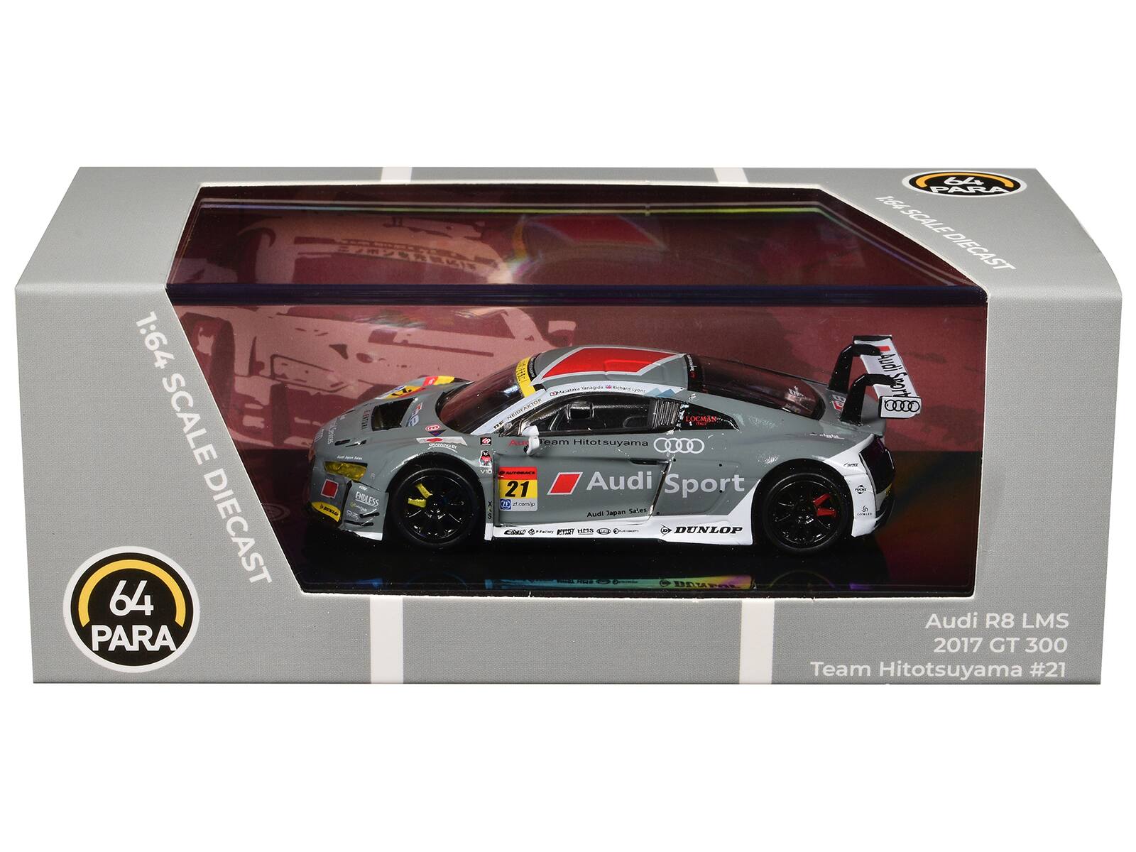1:64 SCALE DIECAST  
64 PARA  

Audi R8 LMS  
2017 GT 300  
Team Hitotsuyama #21  

Audi Sport  
Audi Japan Sales  
DUNLOP  

PRELESS  
Hitotsuyama  
Audi Sport  
Audi R8 LMS  
2017 GT 300  
Team Hitotsuyama #21  

1:64 SCALE DIECAST  
64 PARA