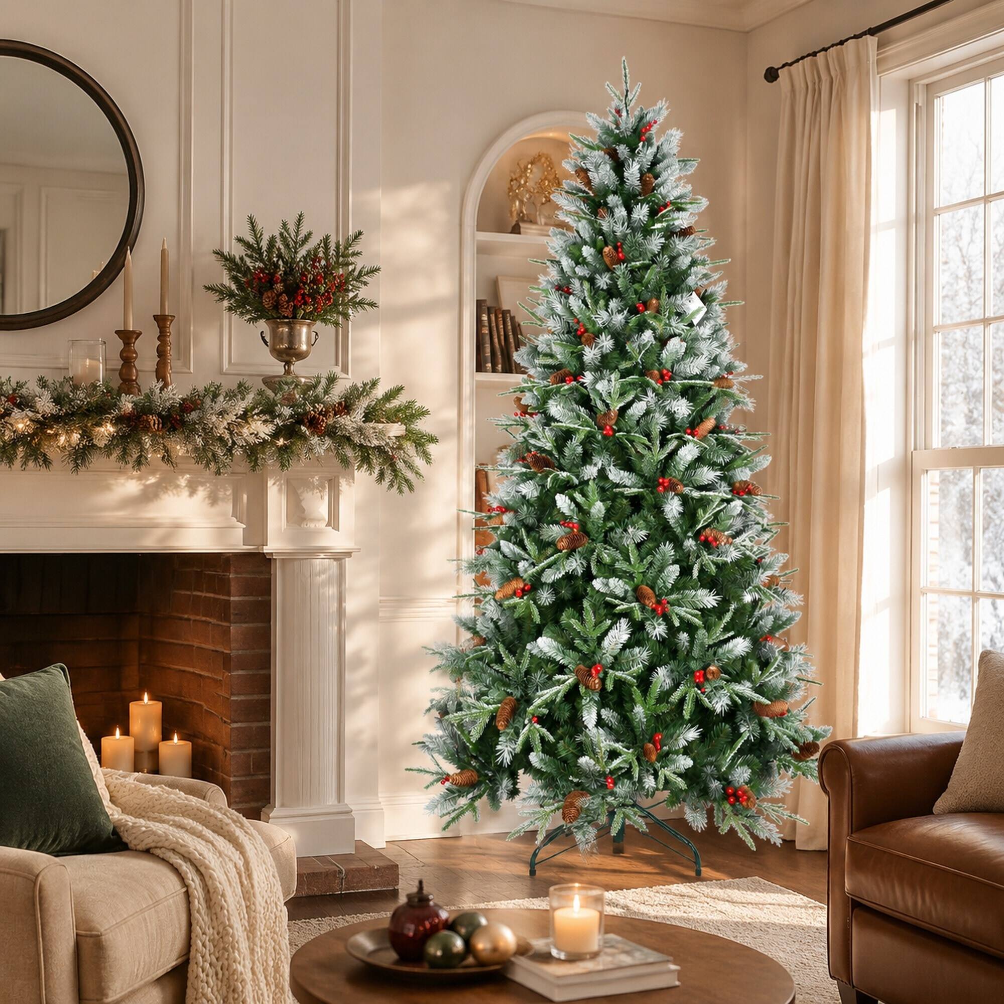 Left. RYHNUYNE - 6FT Christmas Tree With Red Berries Pine Cones, 1593 Snow-Dusted PE+PVC Branches Hinged Design Sturdy Metal Stand - Green,White.