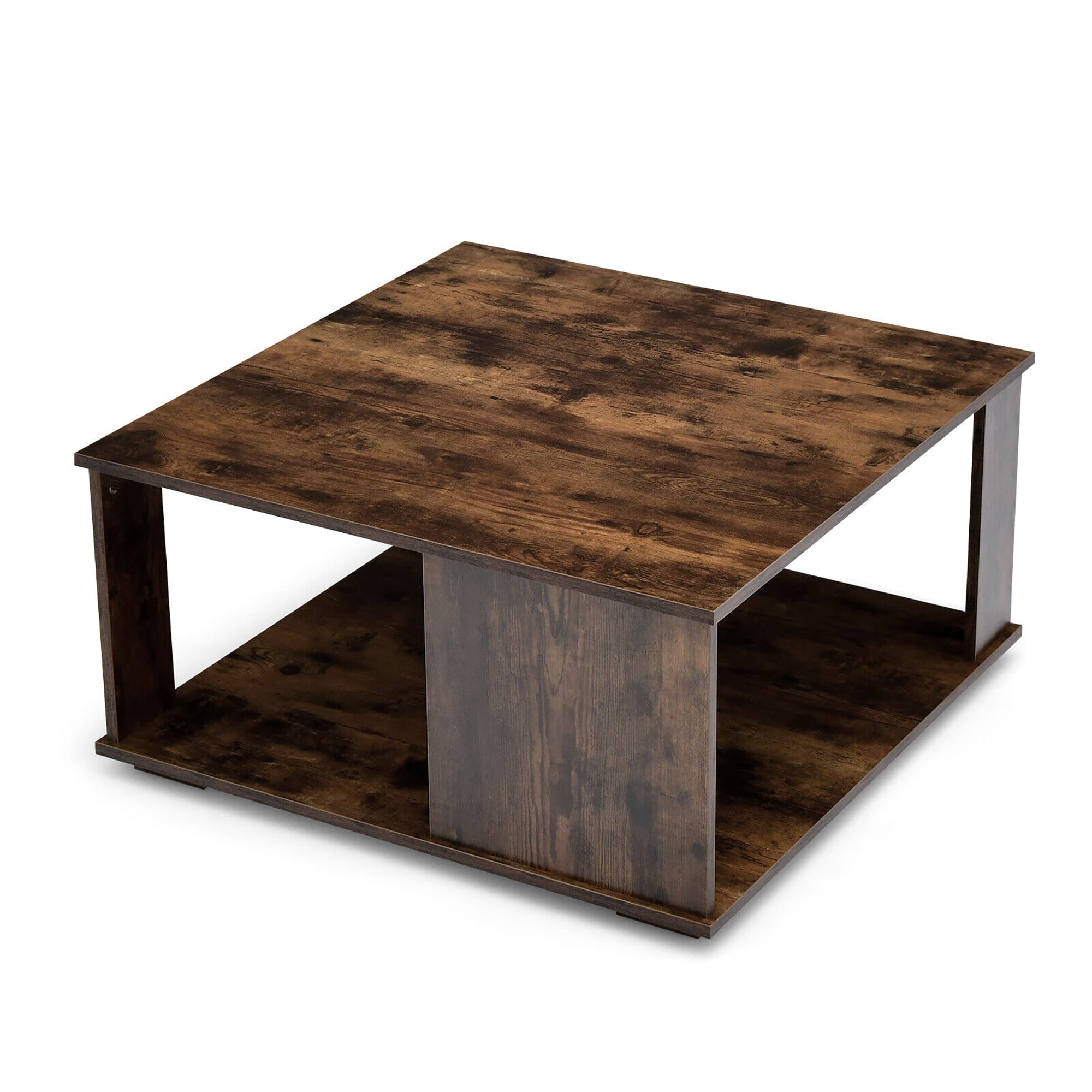 Gymax - 2-Tier Square Coffee Table w/ Storage Industrial Center Table for Living Room - Brown