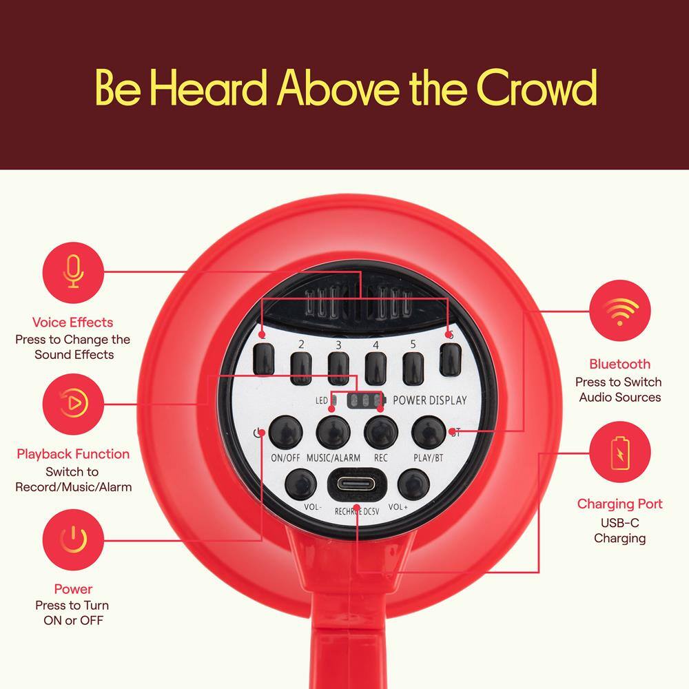 Be Heard Above the Crowd

Voice Effects
Press to Change the Sound Effects

Playback Function
Switch to Record/Music/Alarm

Bluetooth
Press to Switch Audio Sources

Power
Press to Turn ON or OFF

Charging Port
USB-C Charging
