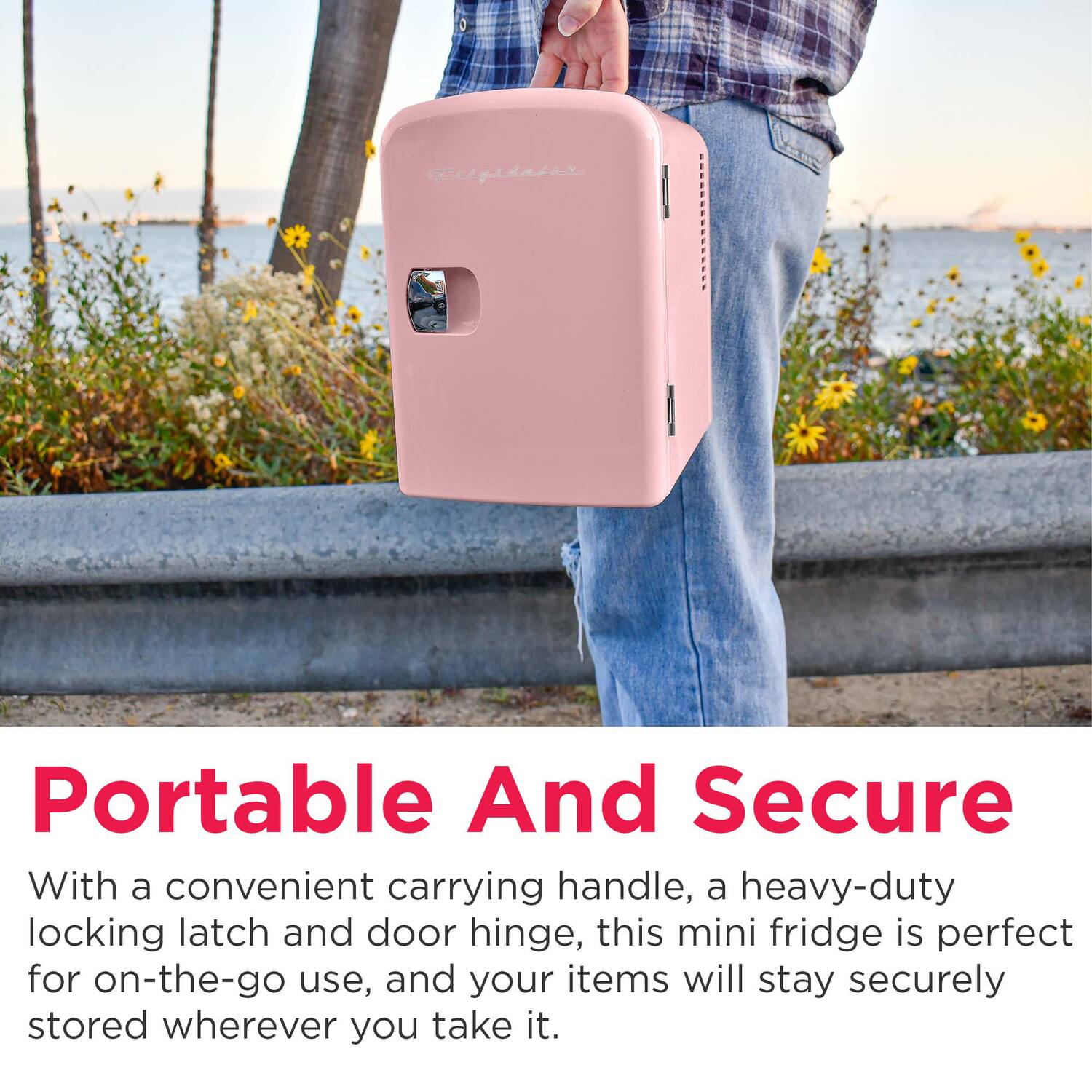 Frigidator

Portable And Secure

With a convenient carrying handle, a heavy-duty locking latch and door hinge, this mini fridge is perfect for on-the-go use, and your items will stay securely stored wherever you take it.