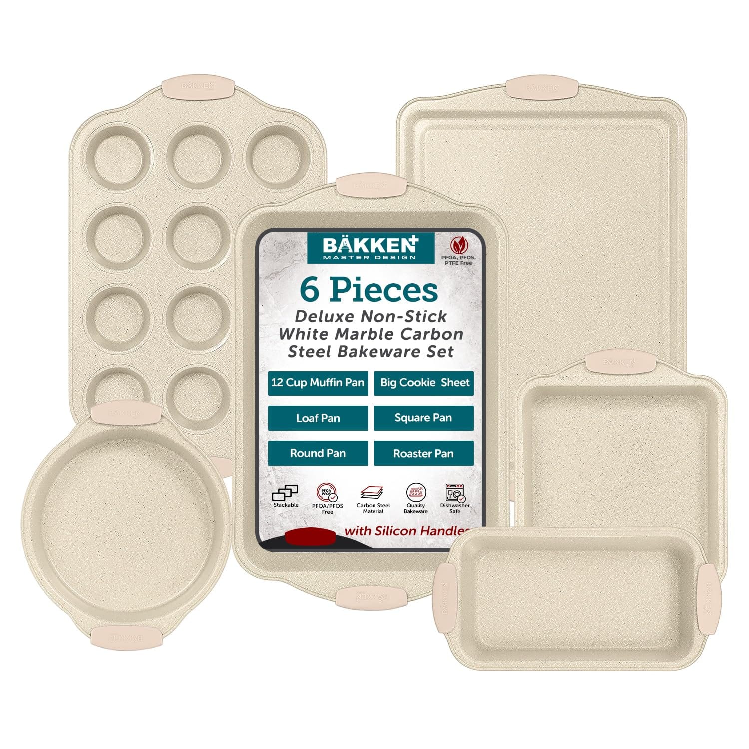 Bakken- Swiss - 6-Piece Deluxe Nonstick Baking Pan Set - Professional Grade Carbon Steel Bakeware with Coating & Silicone H - White Marble
