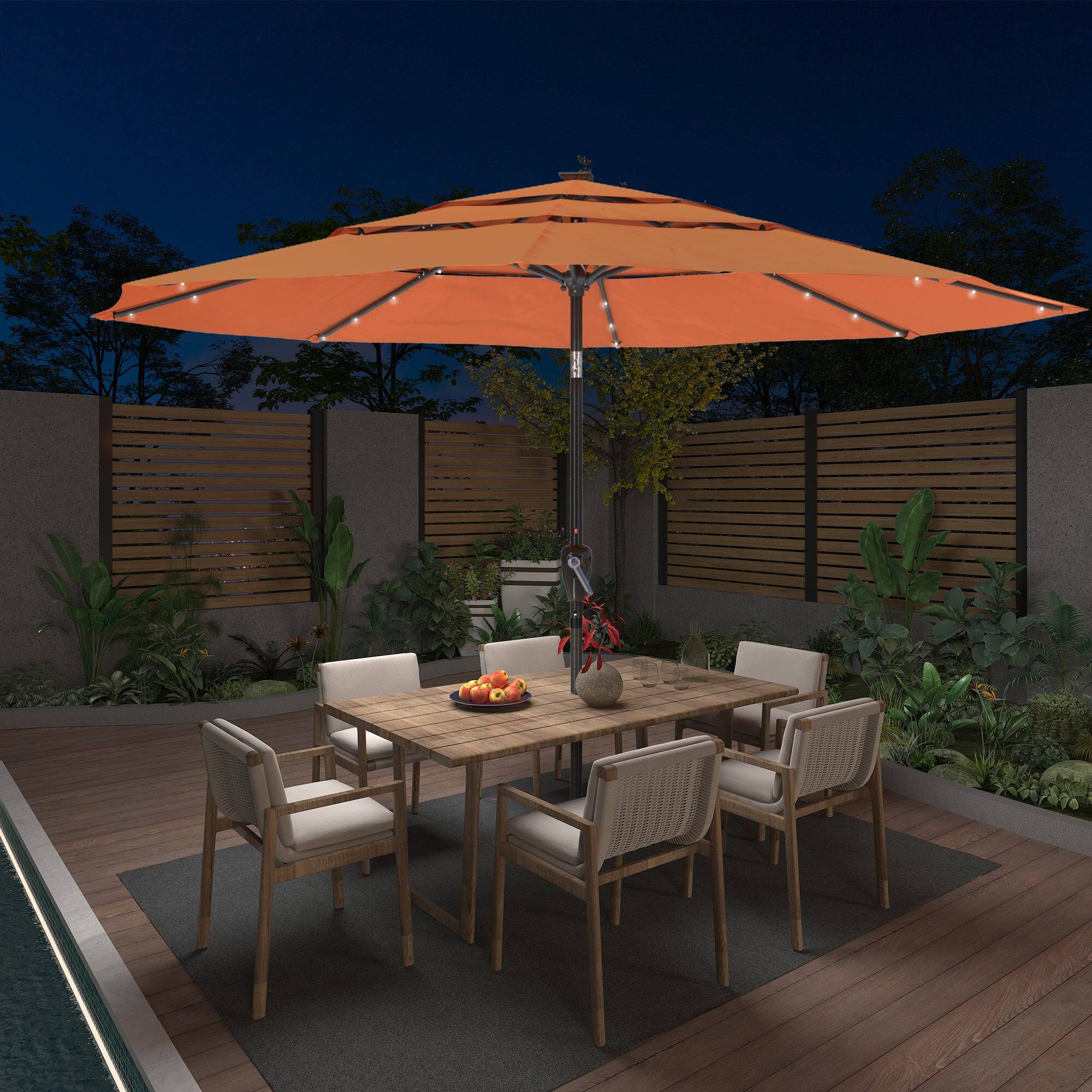 Alt View 1. Boyel Living - 11 ft. Aluminum Triple Top Vented Designed Tilt Outdoor Market Patio Umbrella with LED Lights in Orange - Orange.