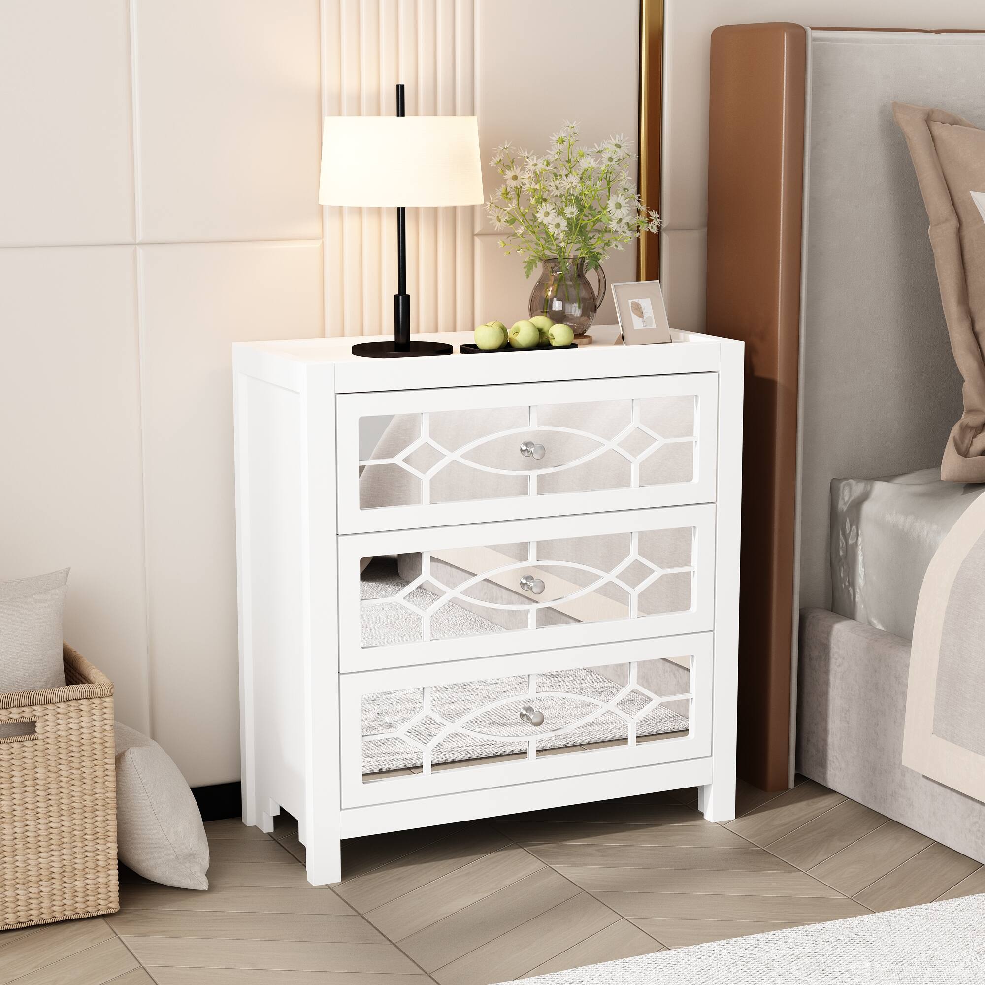 Alt View 10. Famapy - Famapy 3 - Drawer Mirrored Nightstand: Glam Bedroom Storage & Decor - White.