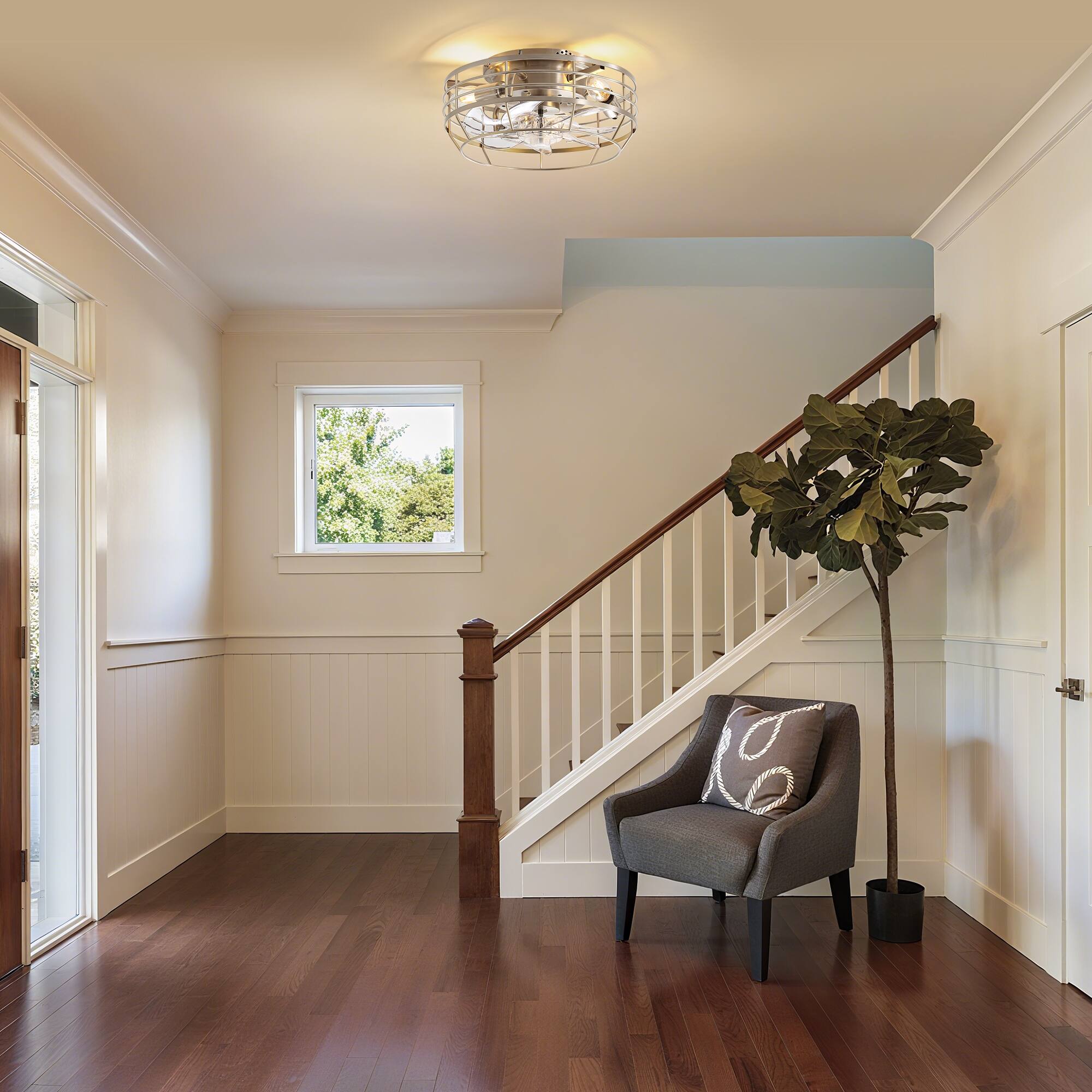 Alt View 1. Breezary - Breezary 12-Inch Flush Mount Cage Ceiling Fan with 7 PC Blades, DC Motor, 6-Speed Remote, Timer with Memory Function - Satin Nickel.