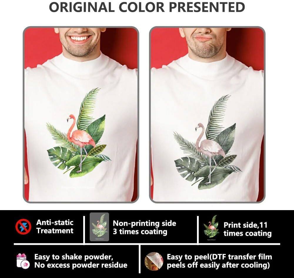 ORIGINAL COLOR PRESENTED

- Anti-static Treatment
- Non-printing side, 3 times coating
- Print side, 11 times coating
- Easy to shake powder, No excess powder residue
- Easy to peel (DTF transfer film peels off easily after cooling)