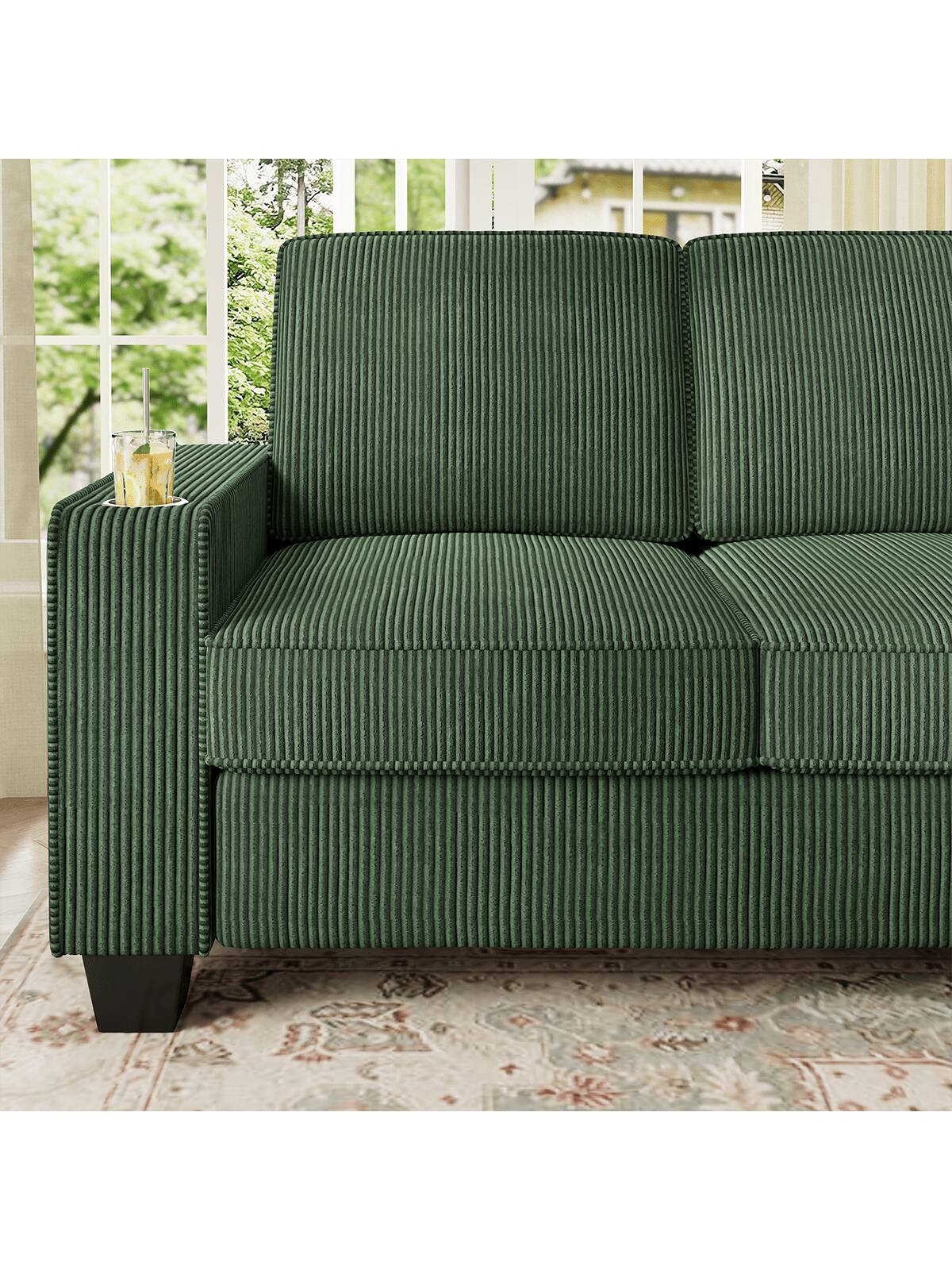 Back. Trinkets Crazed - 83.5 Inch Oversized 3 Seater Couch,Upholstered Corduroy Love Seat Sofa for Living Room,Modern Deep Seat Loveseat Sofa - Green.