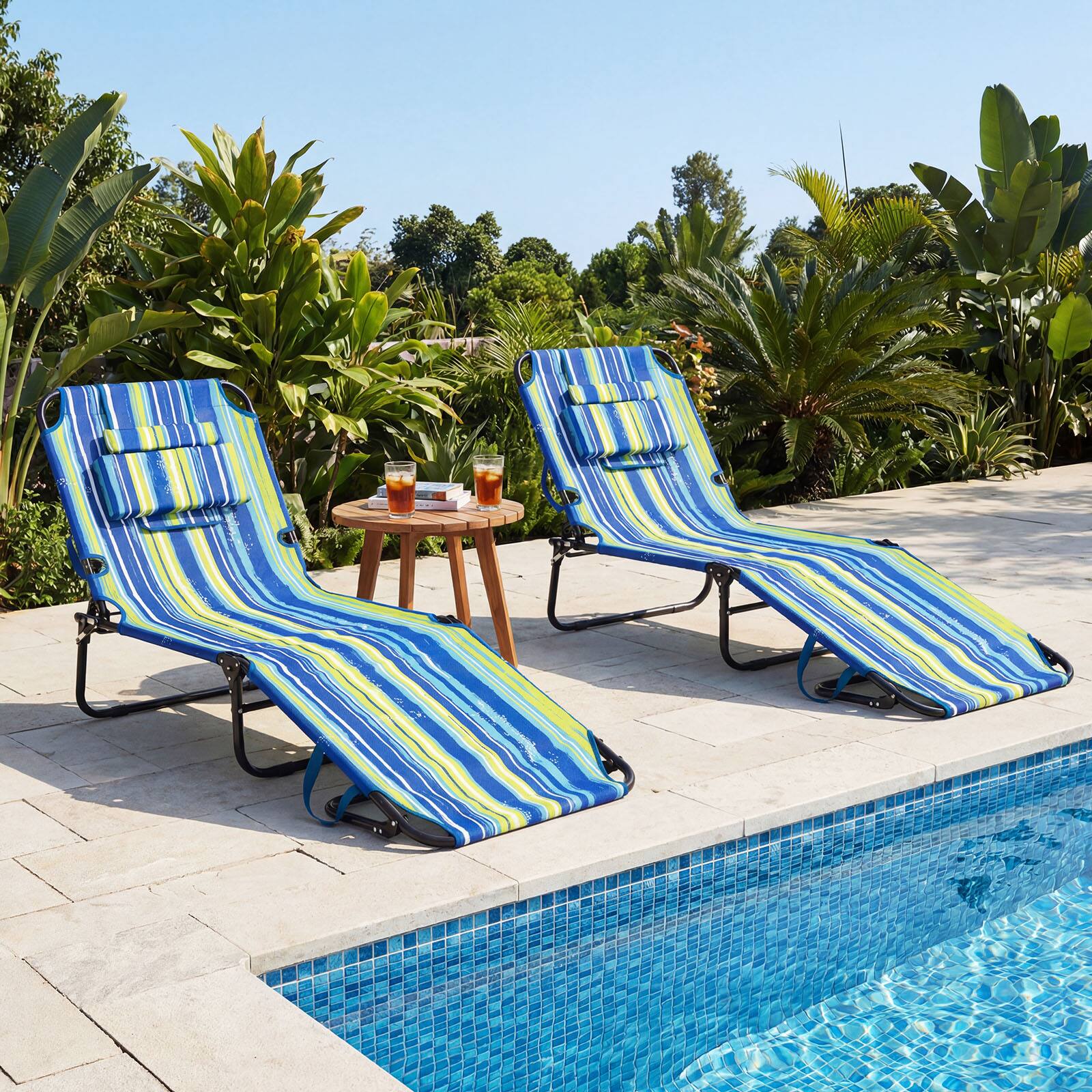 Alt View 1. Gymax - Gymax 2PCS Folding Beach Sun Lounger w/Face Hole Removable Pillows 4-Position Backrest Blue Stripe - Green.