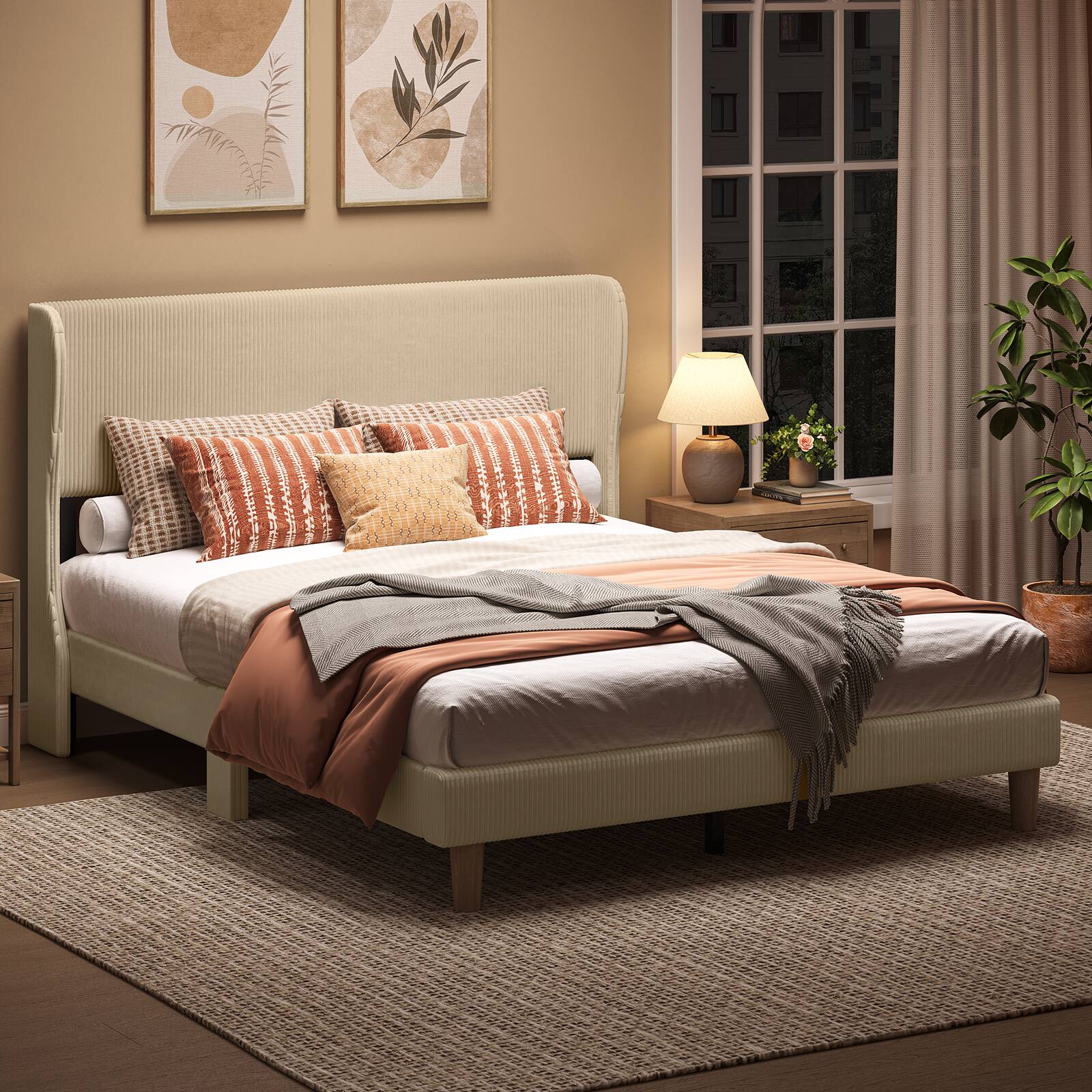 Left. Bestier - Wood Frame Corduroy Upholstered Platform Bed Frame with Wingback Headboard - Taupe.
