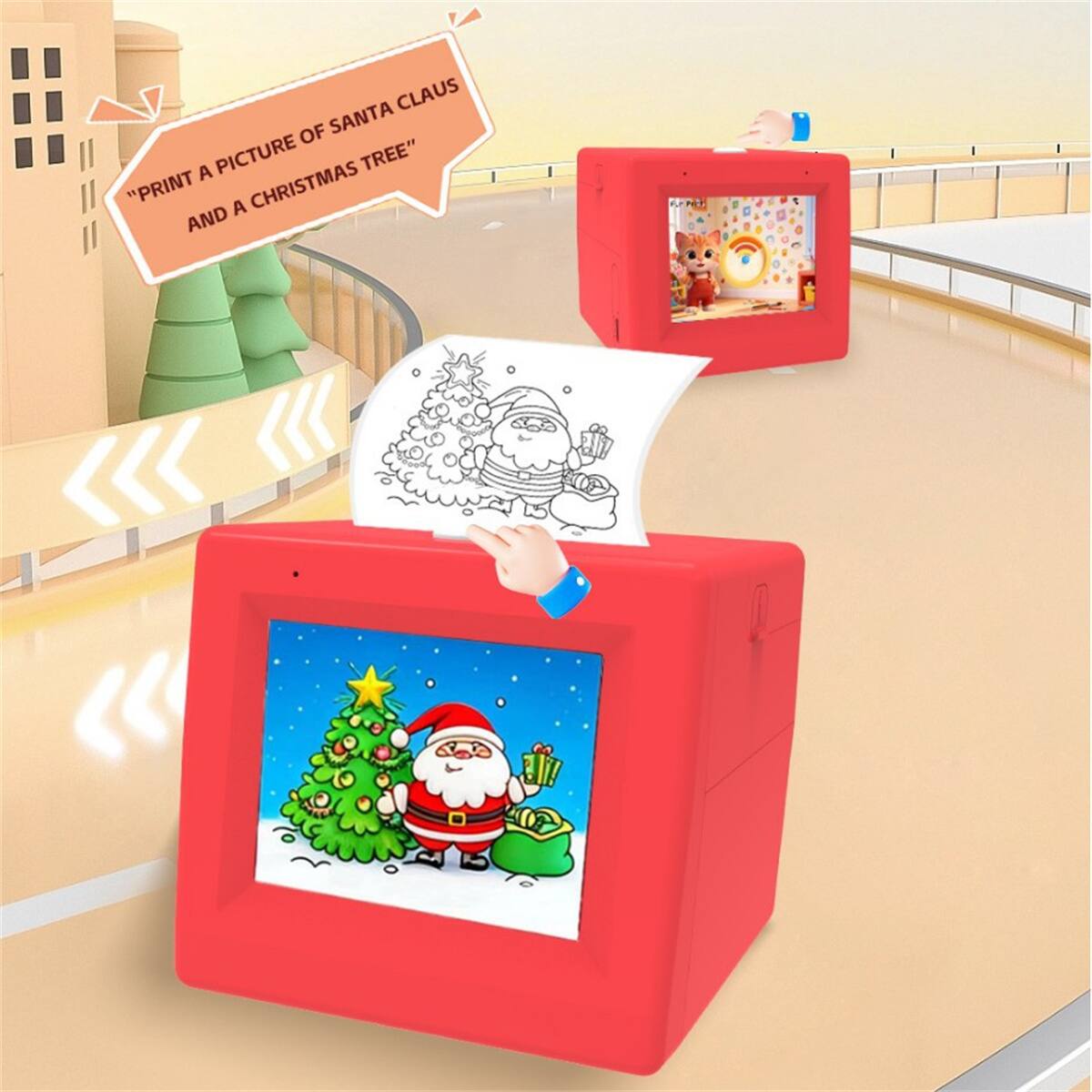 "Print a picture of Santa Claus and a Christmas tree."