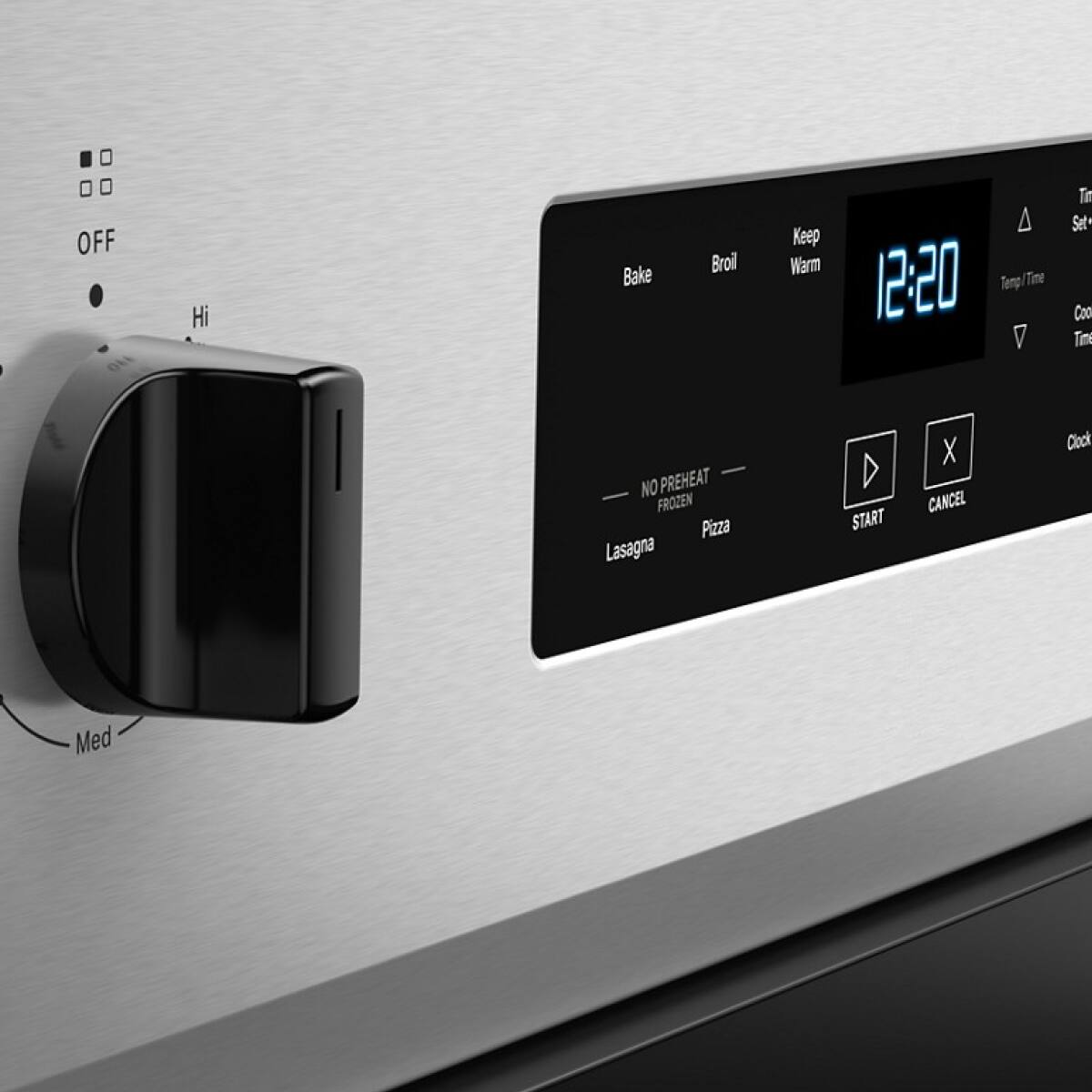 Sure, here is the corrected and grouped text from the image:
- **OFF**
- **Hi**
- **Med**
- **Bake**
- **Broil**
- **Keep Warm**
- **12:20**
- **Temp/Time**
- **Set* Coo Tm**
- **NO PREHEAT**
- **FROZEN**
- **Lasagna**
- **Pizza**
- **START**
- **CANCEL**
- **Clock**
- **Cook Time**