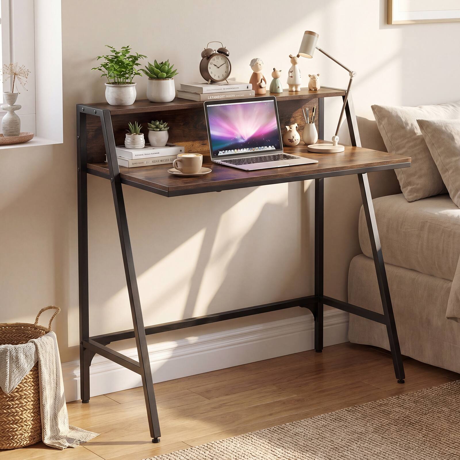 Alt View 1. Costway - Costway 31.5" Small Computer Desk with Raised Storage Shelf & Heavy-duty Metal Frame - Rustic Brown.