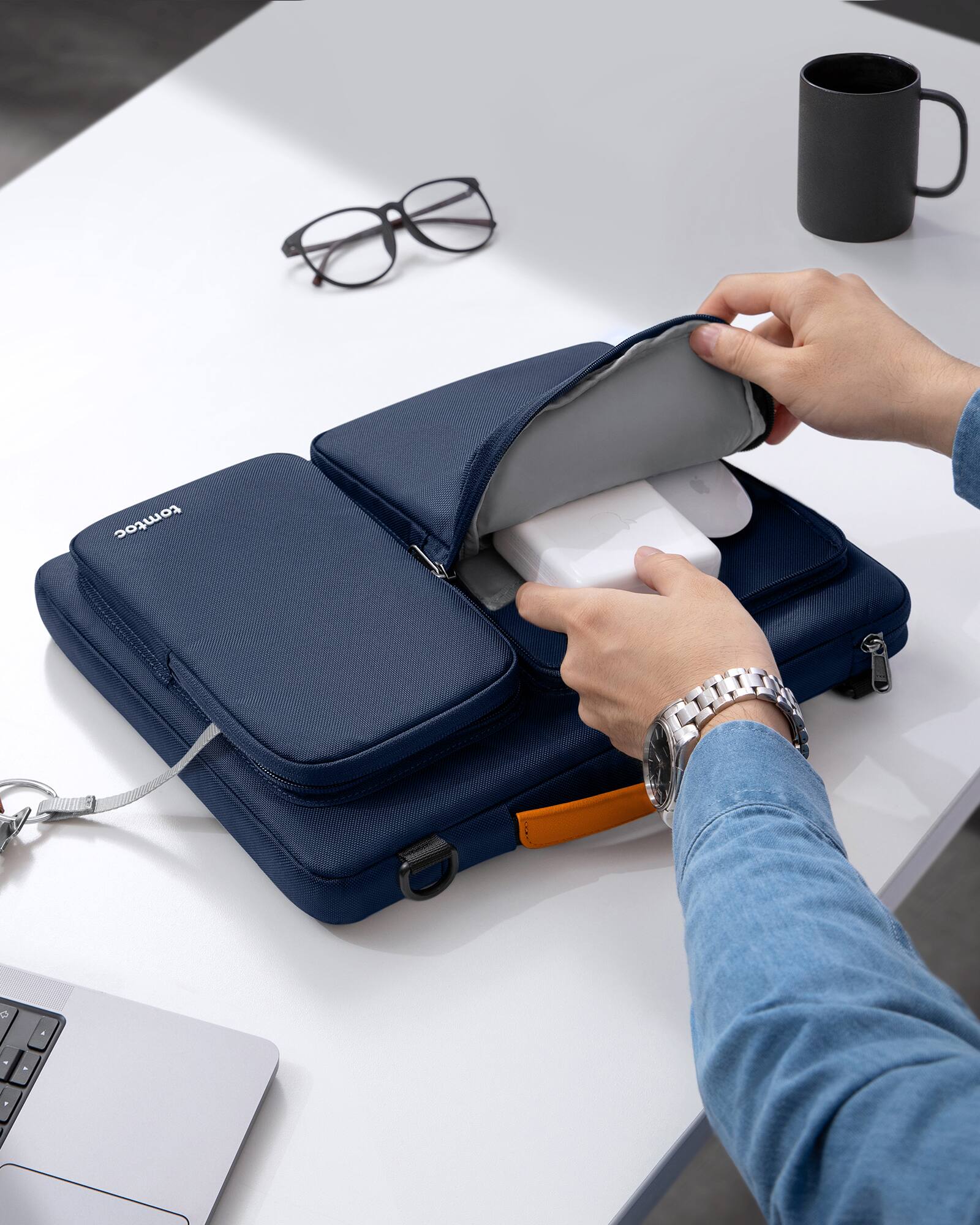 Alt View 7. tomtoc - Defender-A42 Recycled Laptop Shoulder Bag for 14 Inch MacBook Pro M4/M3/M2/M1 Pro/Max 2024-2021, 13.8" Surface Laptop 7 - Dark Blue.