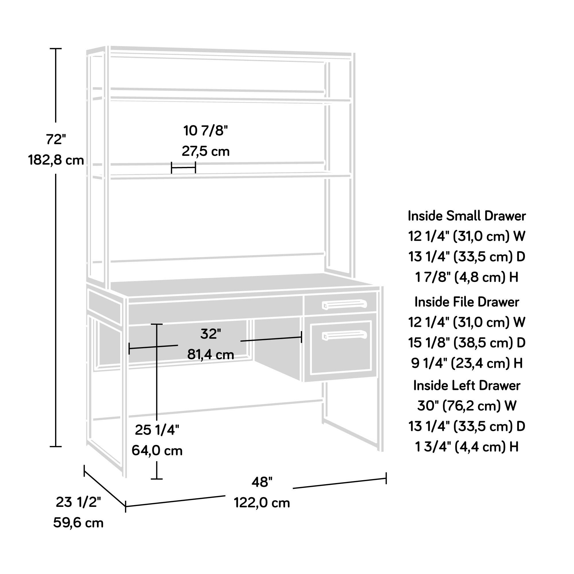 72" 182,8 cm  
10 7/8" 27,5 cm  
32" 81,4 cm  
25 1/4" 64,0 cm  
23 1/2" 59,6 cm  
48" 122,0 cm  

Inside Small Drawer  
12 1/4" (31,0 cm) W  
13 1/4" (33,5 cm) D  
7/8" (4,8 cm) H  

Inside File Drawer  
12 1/4" (31,0 cm) W  
15 1/8" (38,5 cm) D  
9 1/4" (23,4 cm) H  

Inside Left Drawer  
30" (76,2 cm) W  
13 1/4" (33,5 cm) D  
1 3/4" (4,4 cm) H