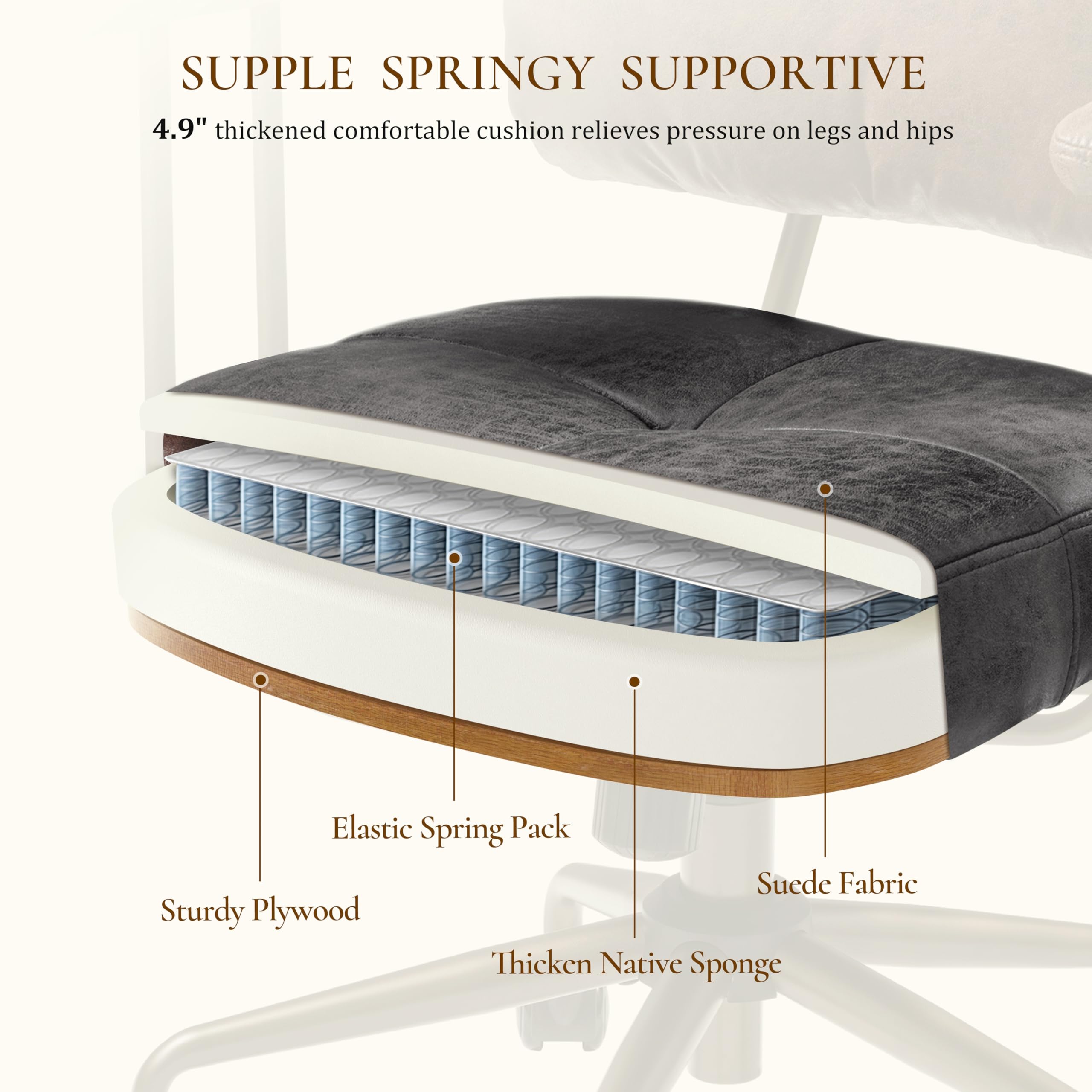 SUPPLE SPRINGY SUPPORTIVE, 4.9" thickened comfortable cushion relieves pressure on legs and hips, Elastic Spring Pack, Suede Fabric, Sturdy Plywood, Thicken Native Sponge