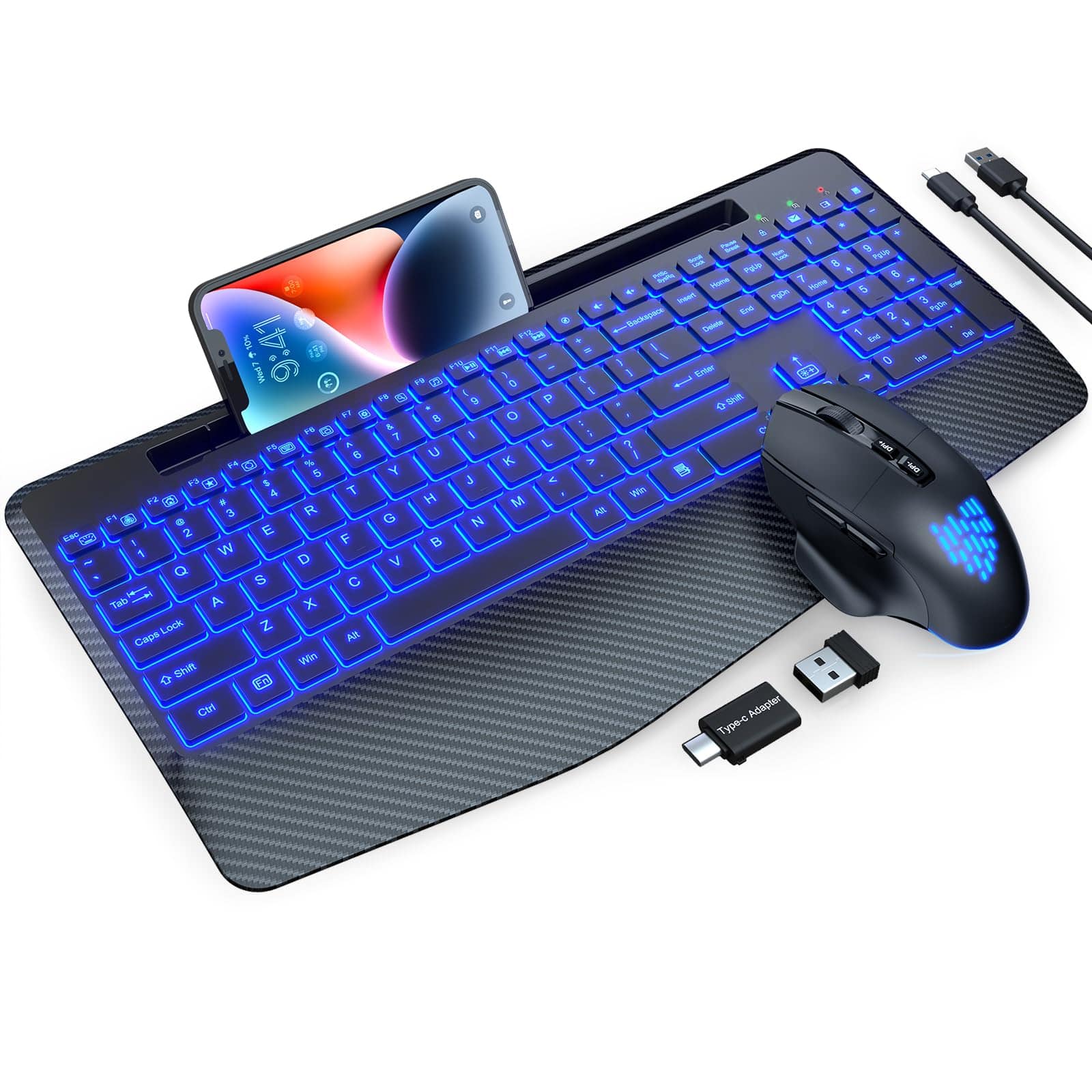 PRIMEPLUS - Wireless Keyboard/Mouse Combo, Backlit Scissor Keys, Wrist Rest, 7-Color LED, Phone Holder, Rechargeable, Ergonomic - Black