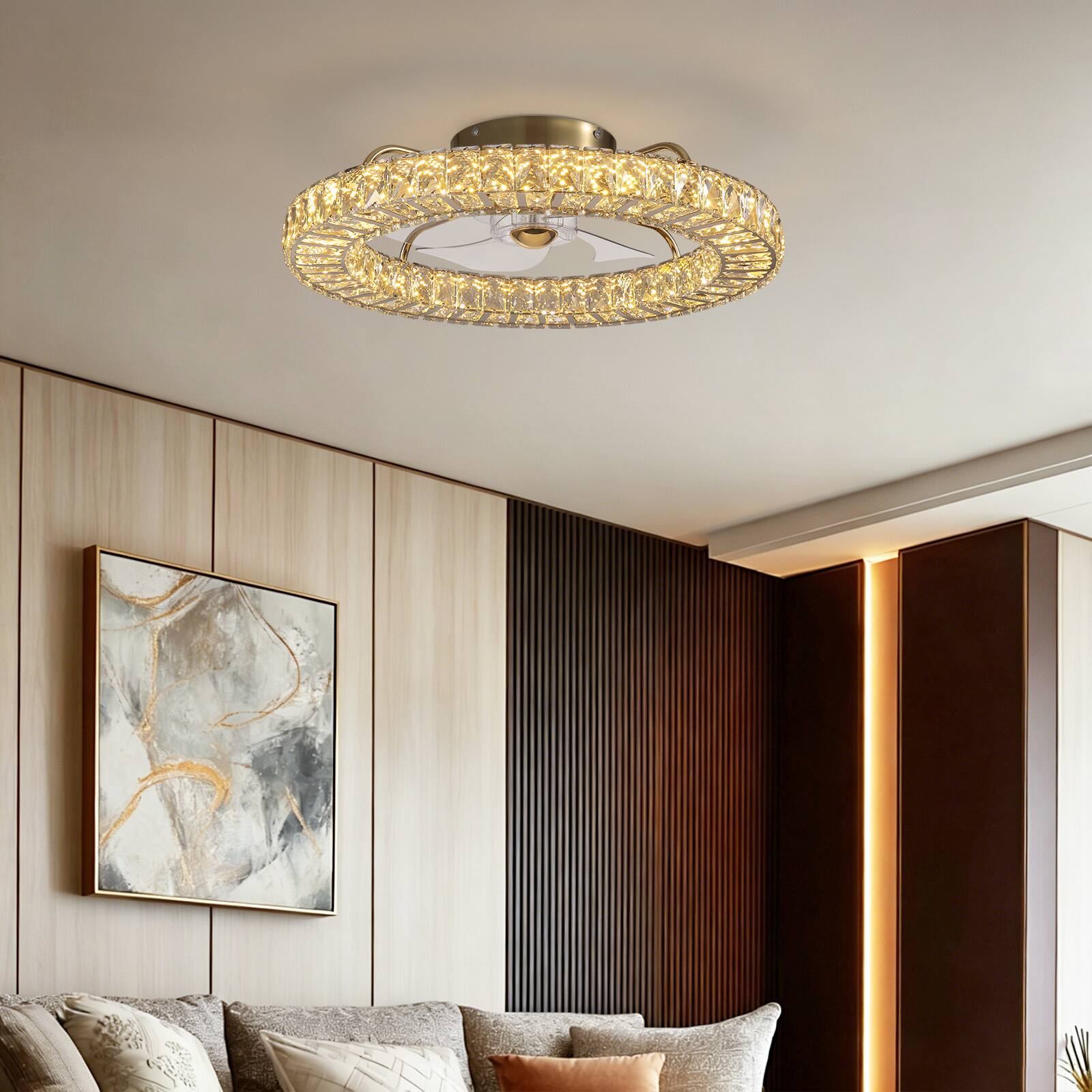 Left. Siljoy - 20-22-inch Luxury Crystal Flush Mount Fan Light Dimmable Quiet for Bedroom and Living Room - Gold.