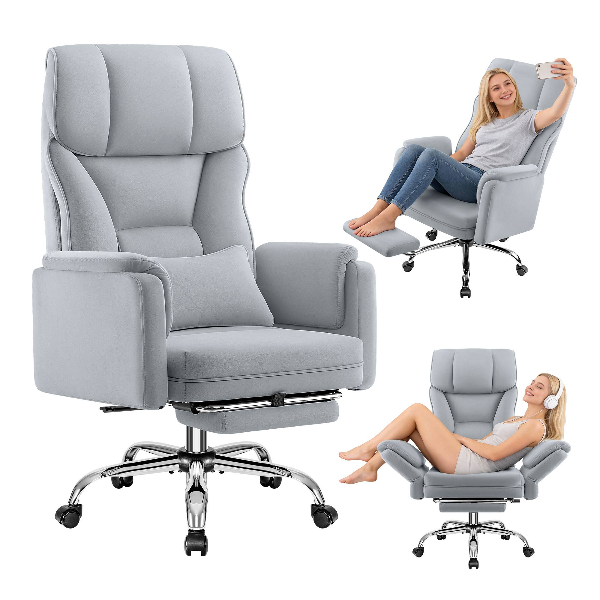 Angle. Brick Attic - 500LBS Ergonomic Velvet Office Chair with Footrest,Wide Cross Legged Executive Chair with Flip-Up Arms, 120°Tilt - Grey.