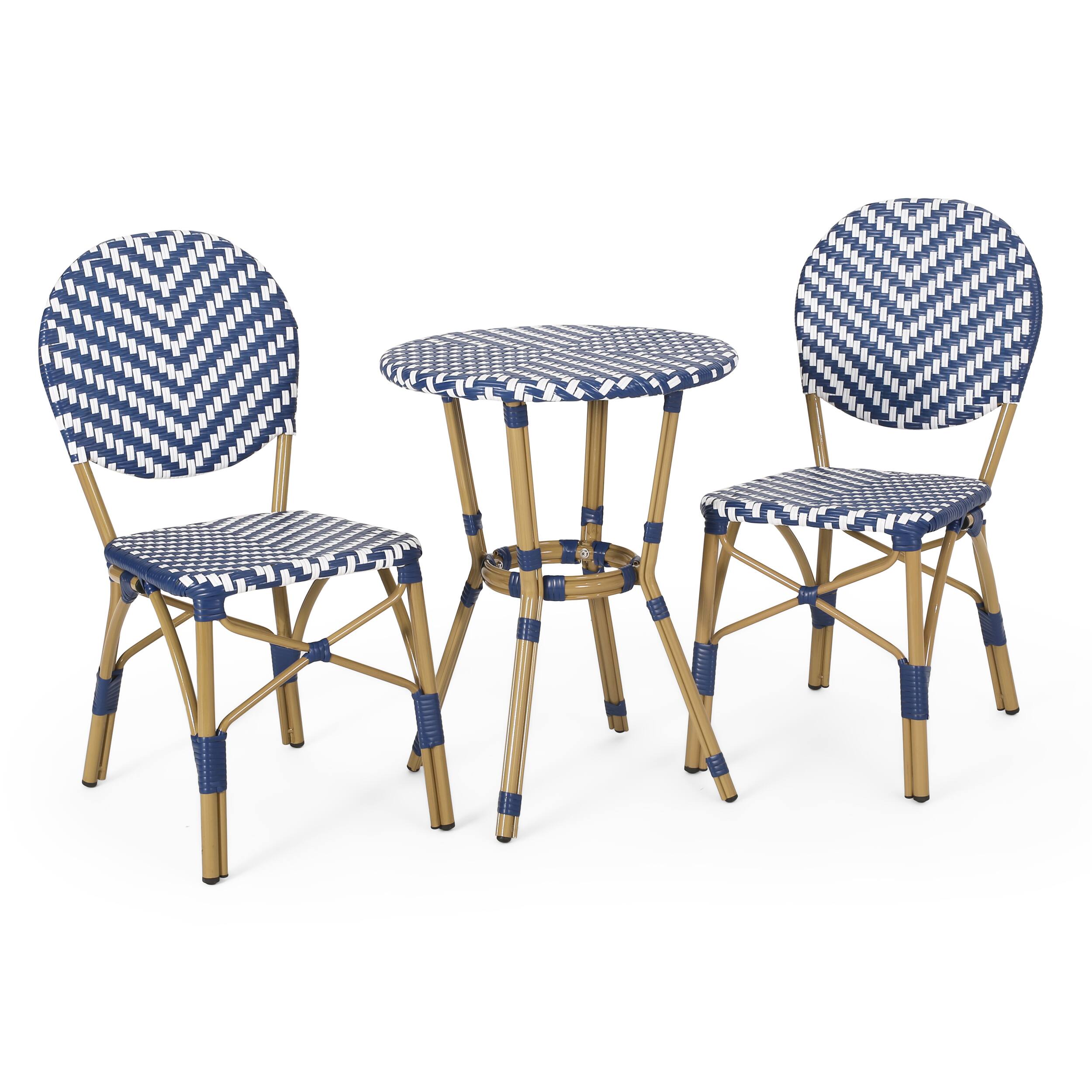Angle. APRILSOUL - French Bistro Set Aluminum Rattan 2 Chairs Table Bamboo Finish Patio Balcony - Navy Blue.