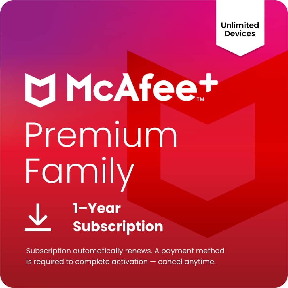 Unlimited Devices Mcafee TM Premium Family 1-Year Subscription. Subscription automatically renews. A payment method is required to complete activation - cancel anytime.