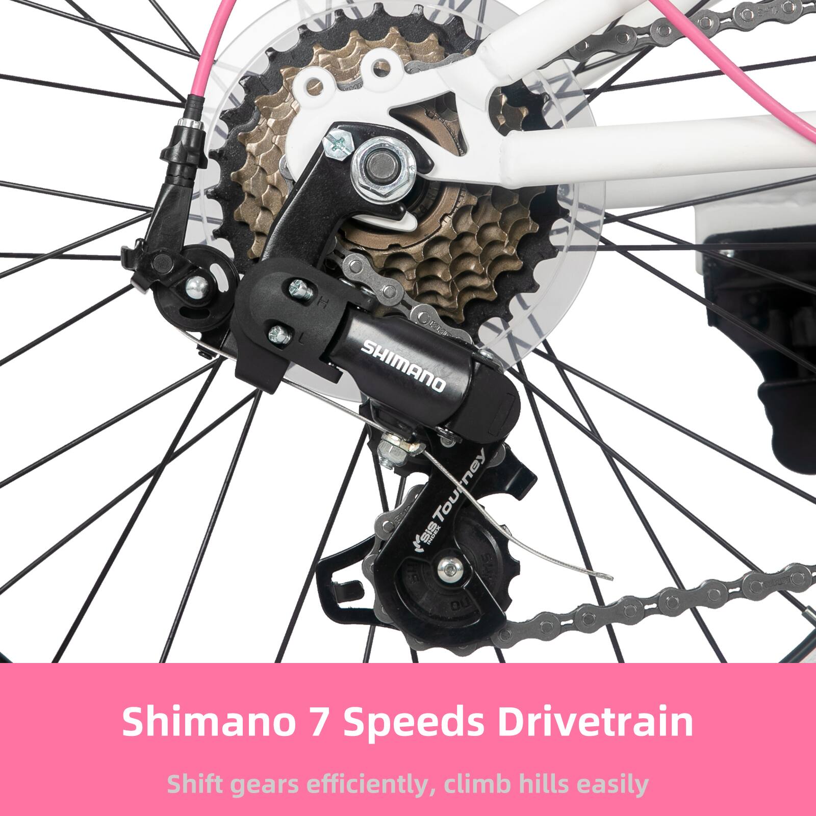 Shimano 7 Speeds Drivetrain  
Shift gears efficiently, climb hills easily