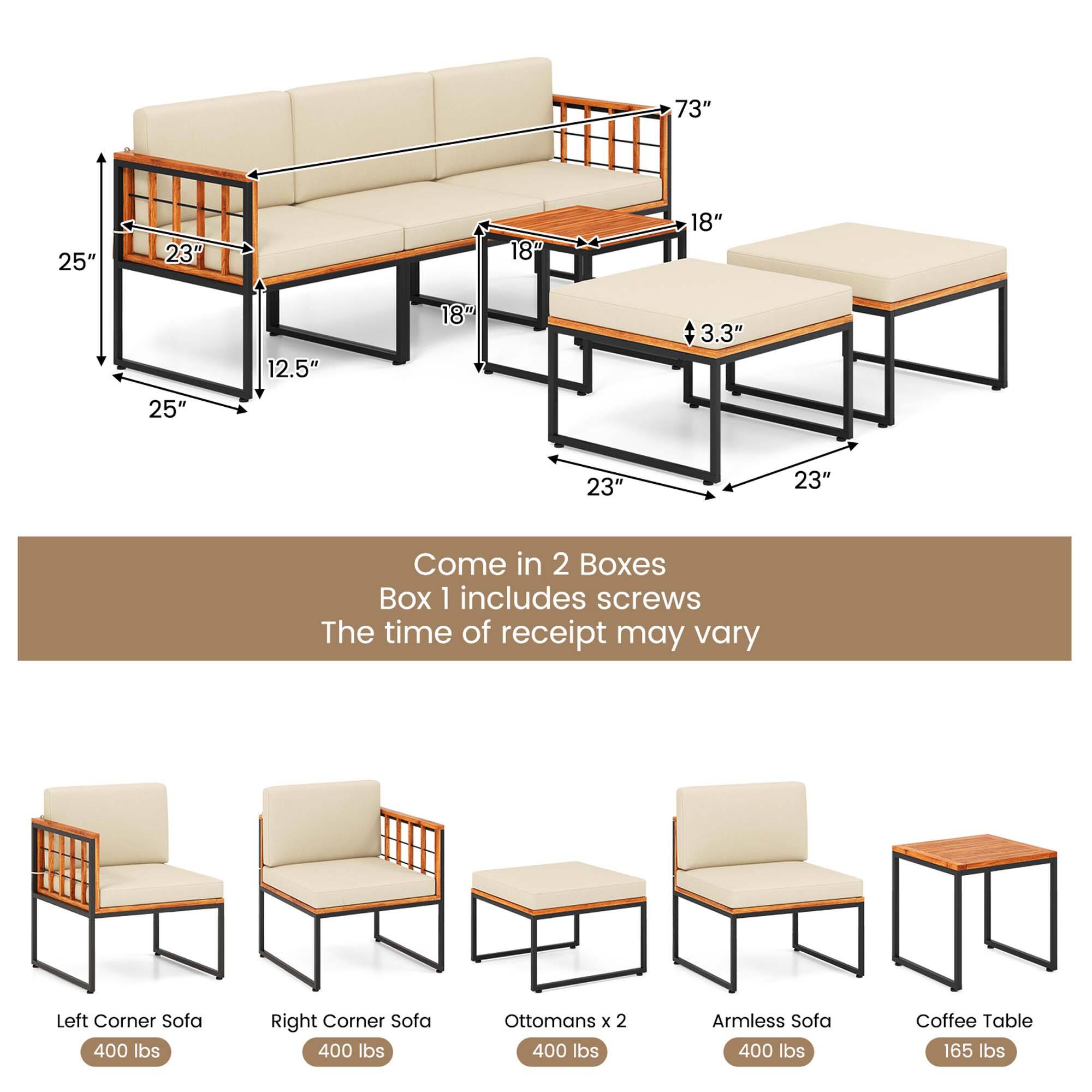 The text on the image can be grouped and corrected as follows:

1. "73" 25" 23" 18" 18" 12.5" 18" 3.3" 25" 23" 23" Come in 2 Boxes Box 1 includes screws The time of receipt may vary Left Corner Sofa 400 lbs Right Corner Sofa 400 lbs Ottomans x 2 400 lbs Armless Sofa 400 lbs Coffee Table 165 lbs"

This text is describing a collection of furniture pieces, including a sofa, corner sofa, ottomans, and coffee table. The dimensions of each piece are listed, along with the weight capacity and the fact that they come in two boxes. The text also mentions that the time of receipt may vary.