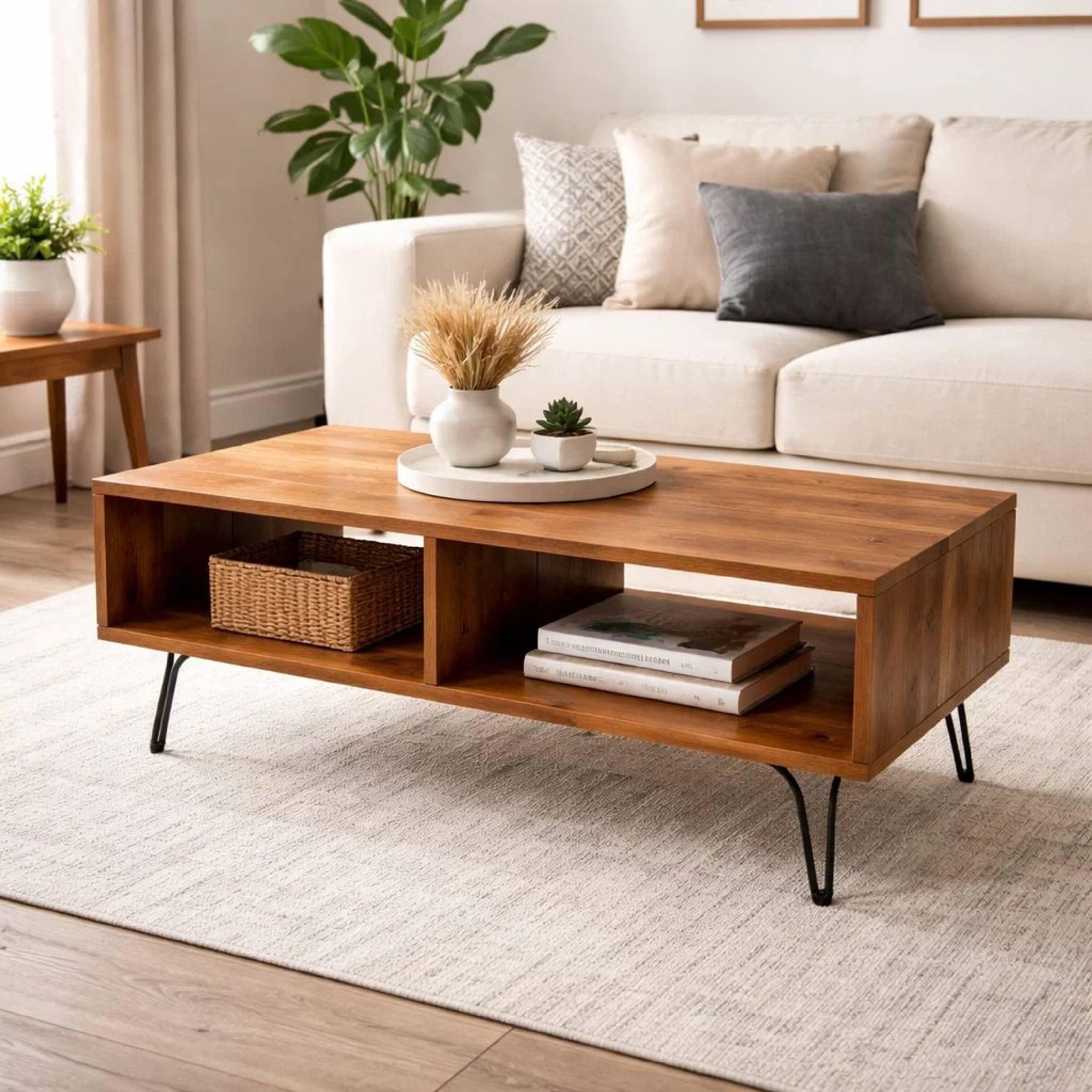 Alt View 5. Manhattan Lane - 42 Inch Modern Cocktail Coffee Table with Open Compartments, Wood Top - Brown, Black.