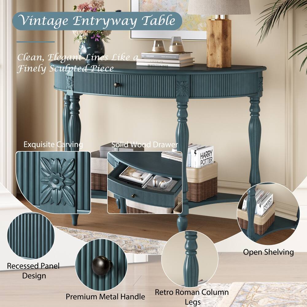 Vintage Entryway Table

Clean, Elegant Lines Like a Finely Sculpted Piece

Exquisite Carving

Solid Wood Drawer

Recessed Panel Design

Premium Metal Handle

Retro Roman Column Legs

Open Shelving