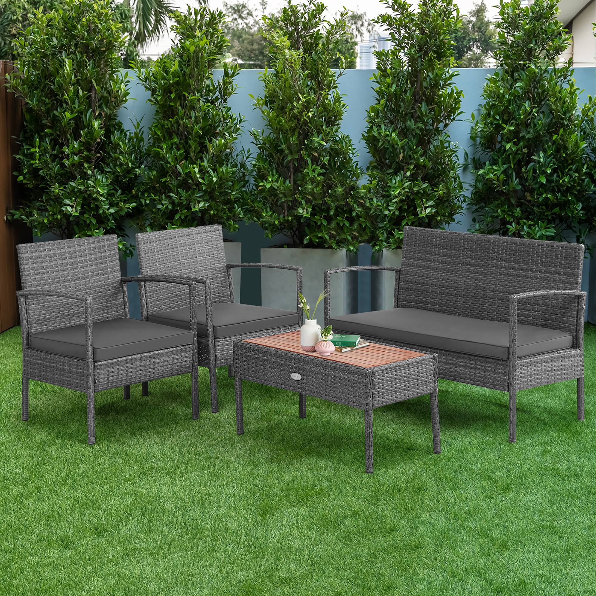 Alt View 1. Costway - Costway 4PCS Patio Rattan Furniture Set Cushioned Chair Wooden Tabletop - Gray.