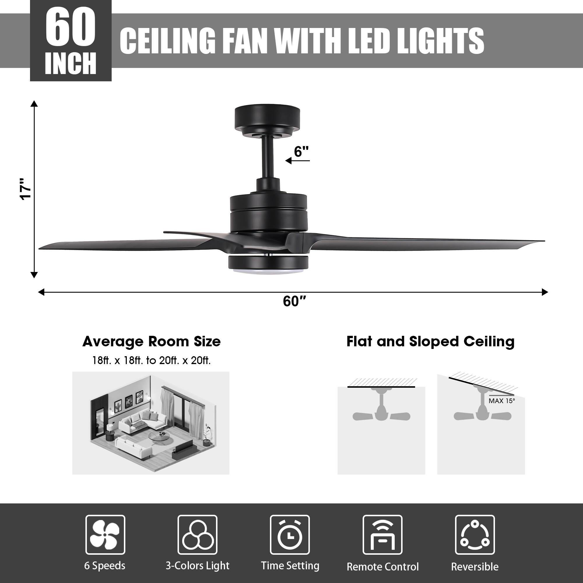 60 INCH  
CEILING FAN WITH LED LIGHTS  

6"  
17"  
60"  

Average Room Size  
18ft. x 18ft. to 20ft. x 20ft.  

Flat and Sloped Ceiling  
MAX 15"  

6 Speeds  
3-Colors Light  
Time Setting  
Remote Control  
Reversible