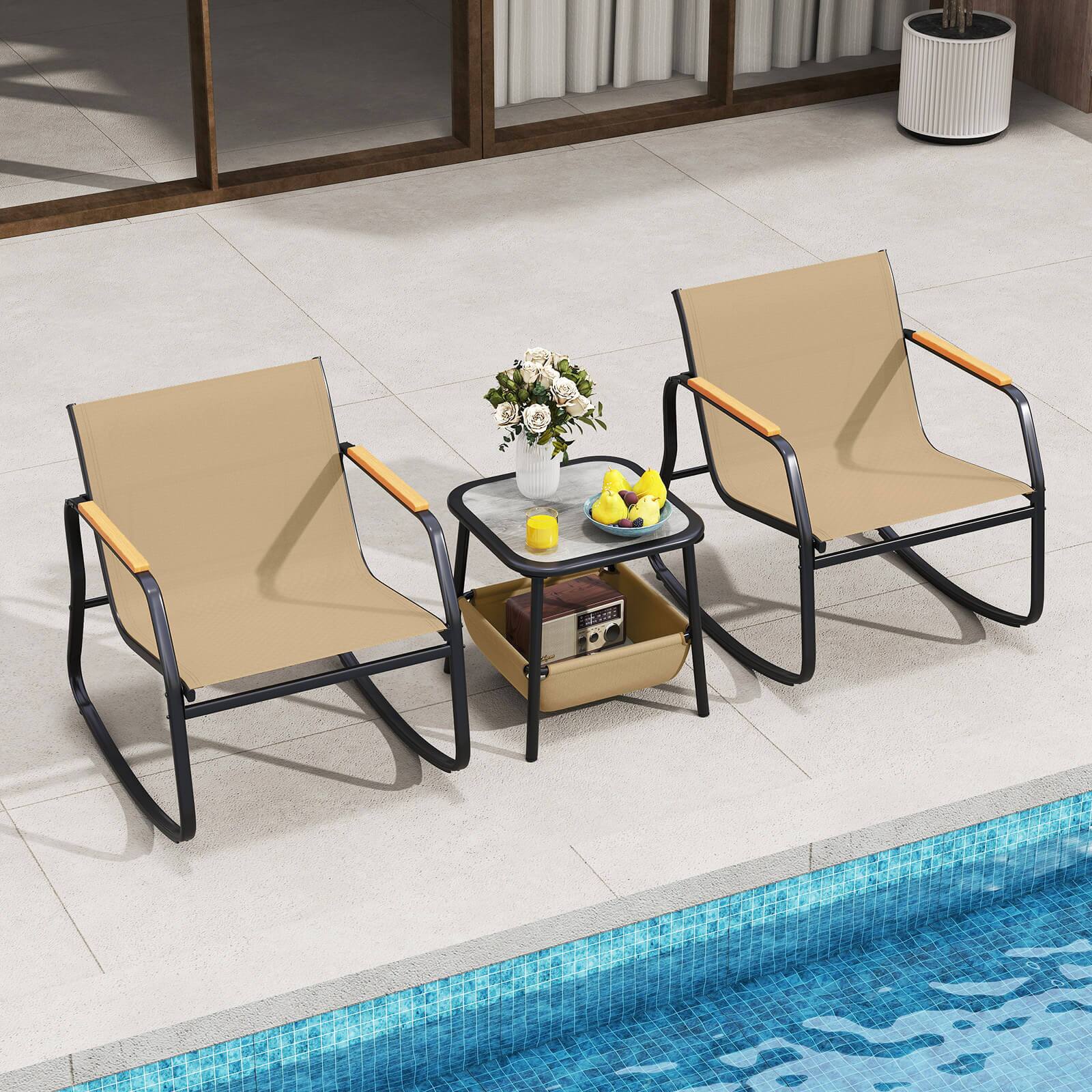 Alt View 4. Costway - Costway 3 Piece Rocking Bistro Set with Storage Bag PS Armrests & Tabletop Metal Frame Brown - Brown.