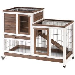 Pawhut - Wooden Rabbit Hutch, Indoor, Enclosed Run with Wheels, Ramp, Removable Tray Ideal for Guinea Pigs