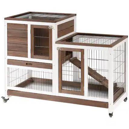 Front. Pawhut - Wooden Rabbit Hutch, Indoor, Enclosed Run with Wheels, Ramp, Removable Tray Ideal for Guinea Pigs.