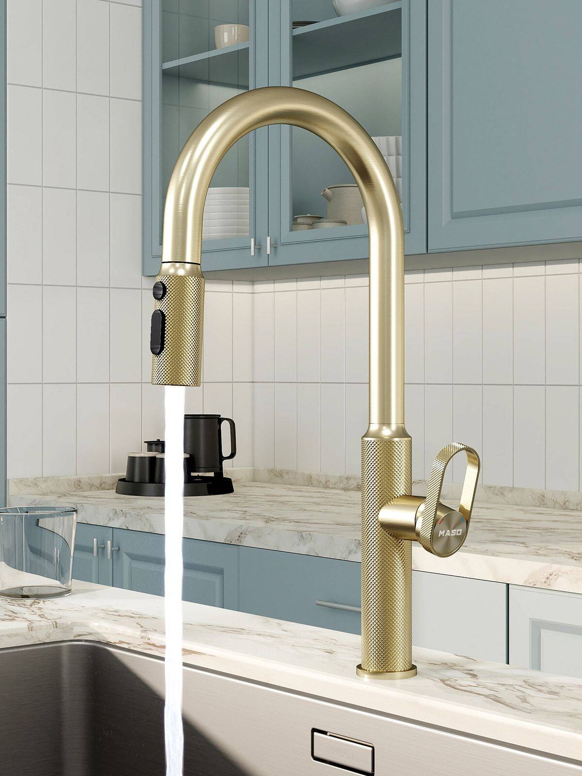 Alt View 7. ENZE - Kitchen Faucet with Pull-Down Sprayer 3 Spray Modes Single Handle High Arc Sink Faucet for Kitchen RV Laundry and Bar - Gold.